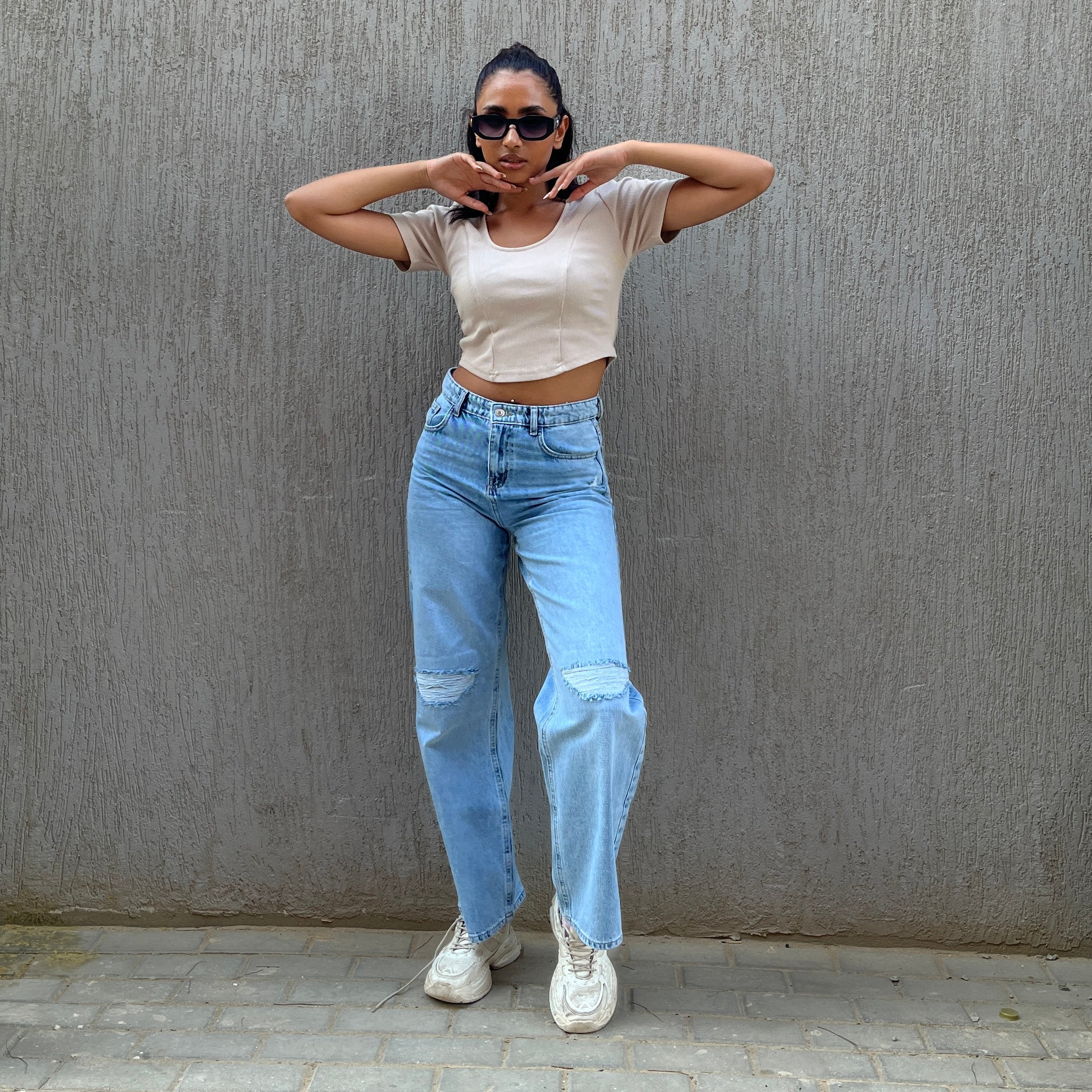 High-Waist Medium Wash Ripped Wide Leg Jeans