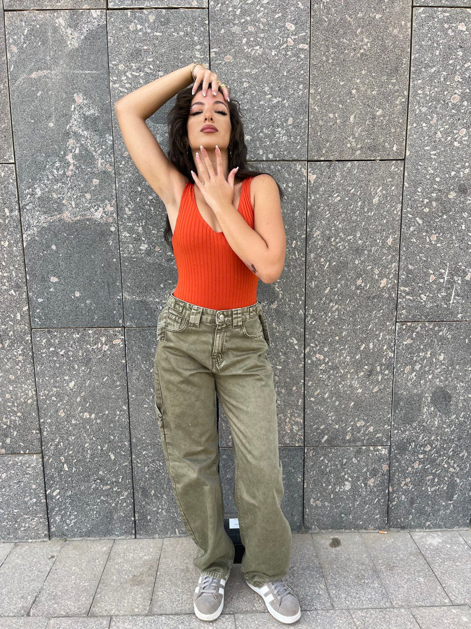 High-Waist Olive Skater Jeans