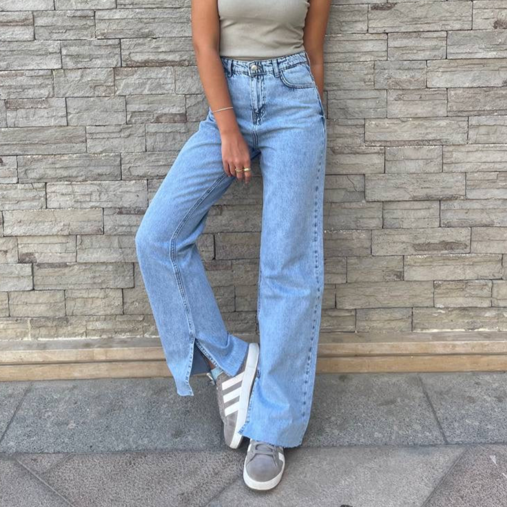 High-Waist Light Wash Split Side Straight Leg Jeans