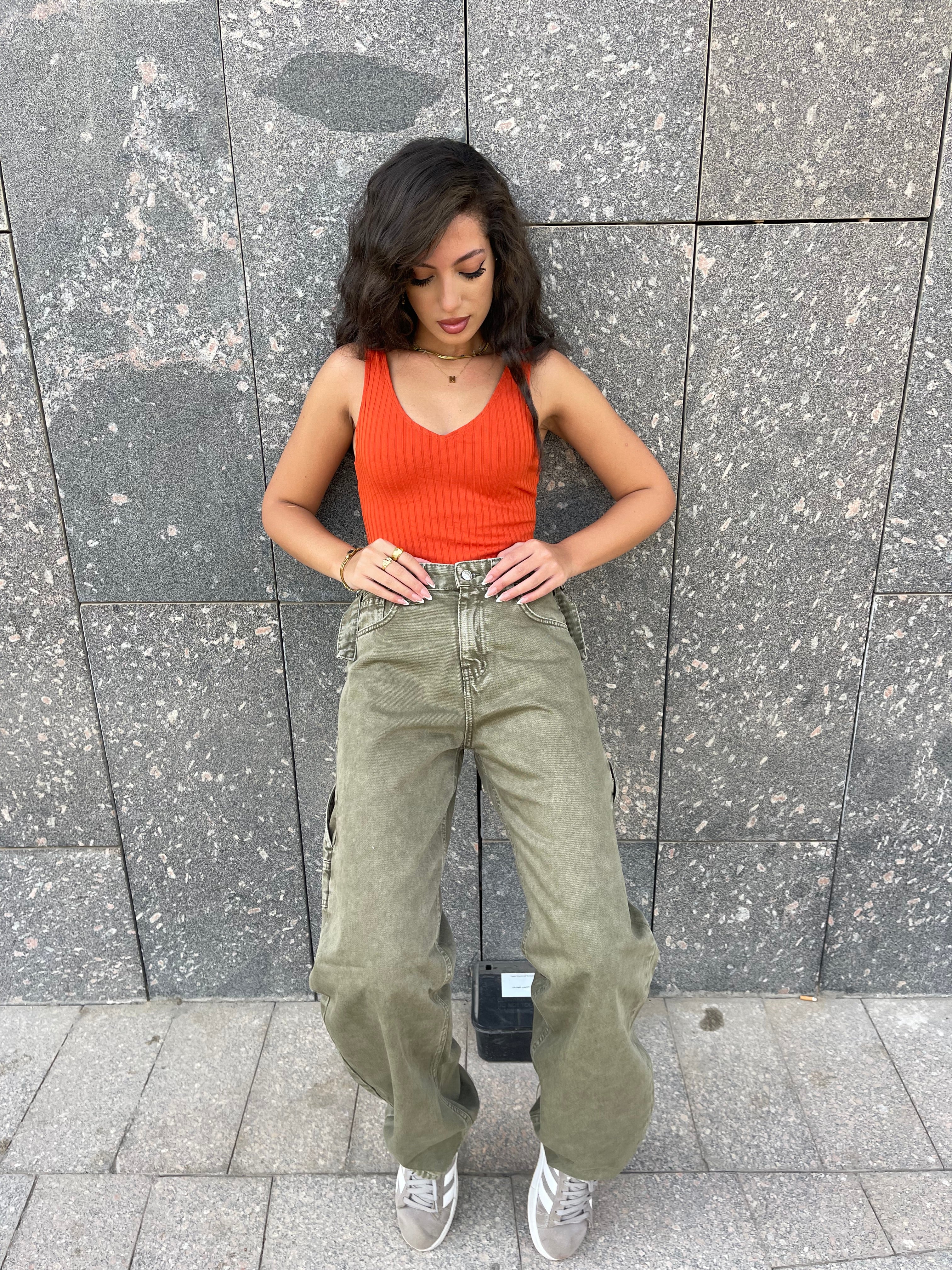 High-Waist Olive Skater Jeans