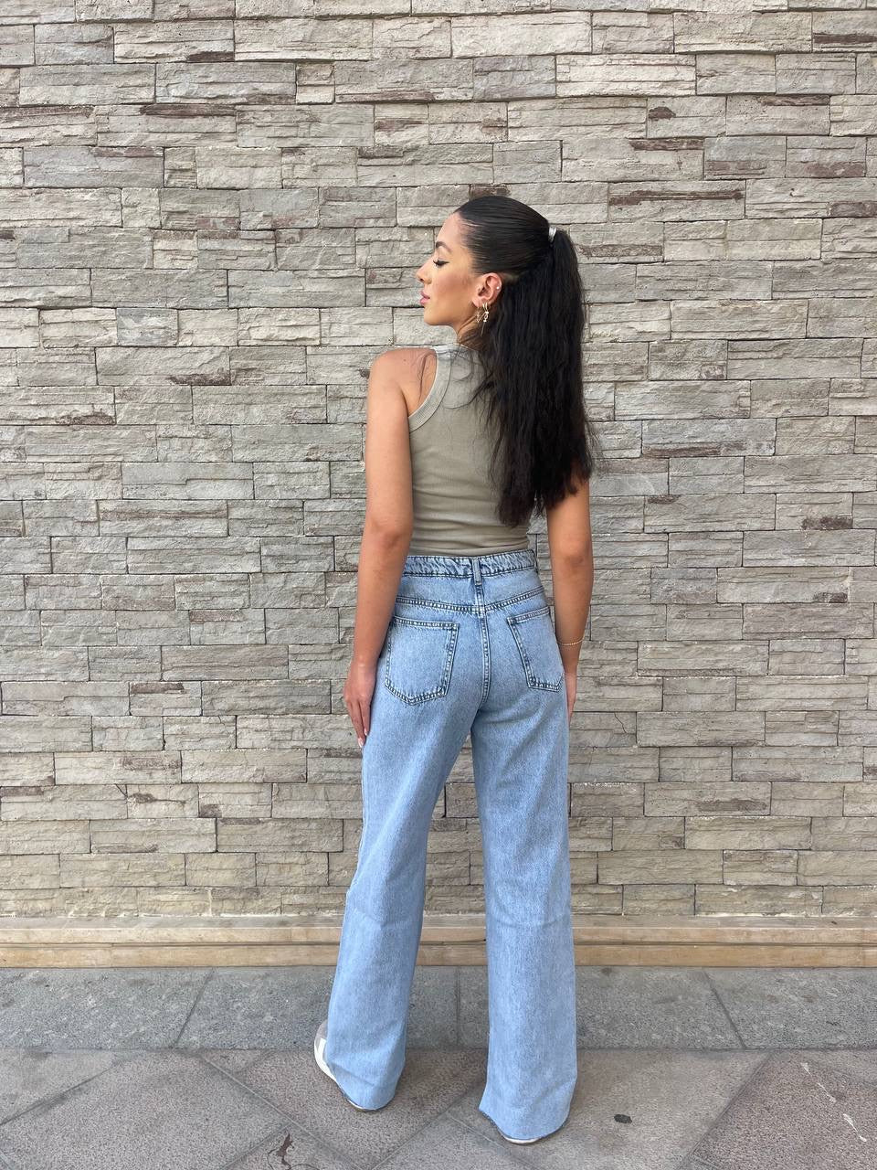 High-Waist Light Wash Split Side Straight Leg Jeans