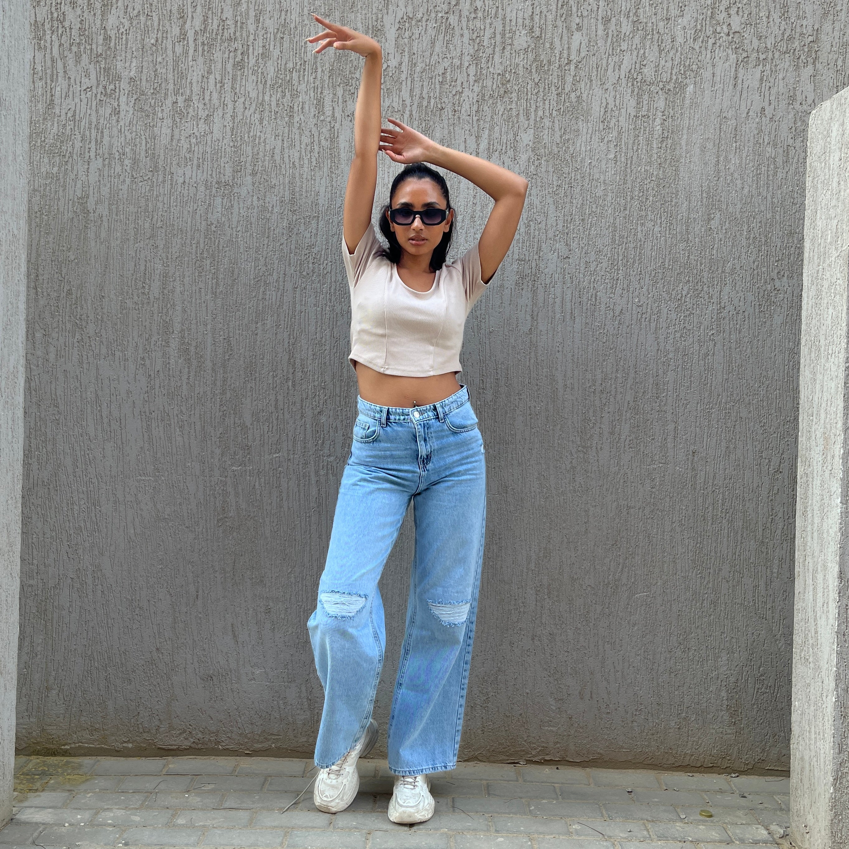 High-Waist Medium Wash Ripped Wide Leg Jeans