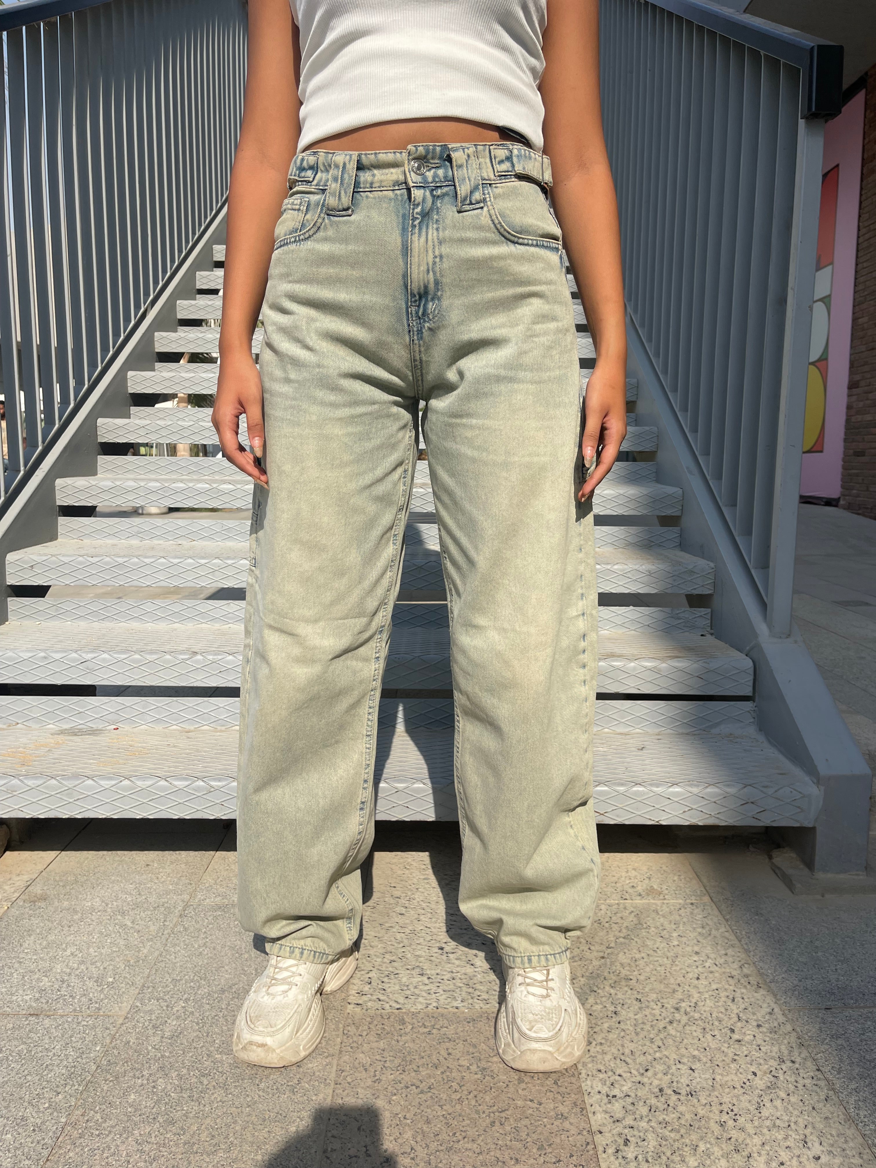 High-Waist Acid Wash Skater Jeans