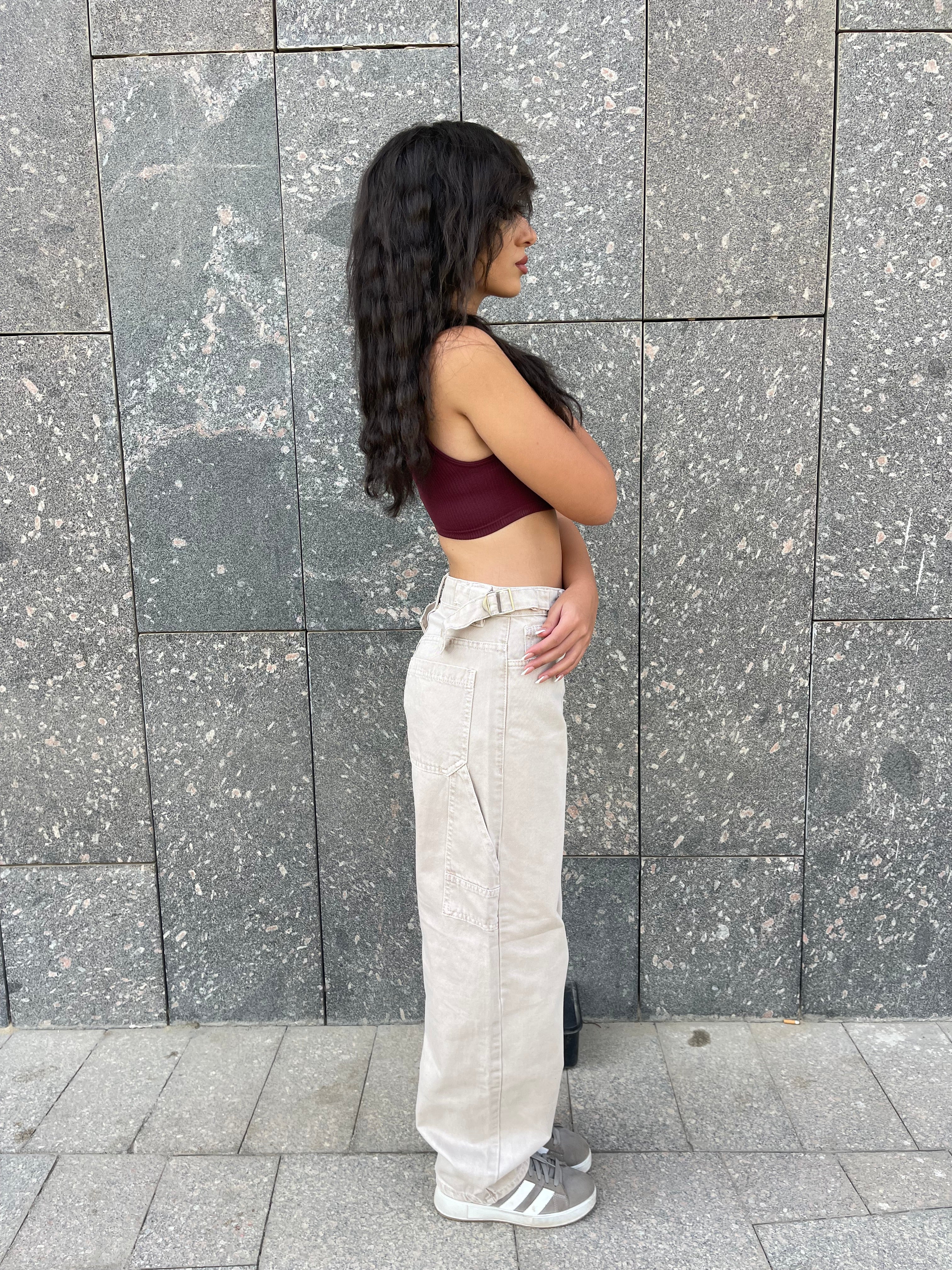 High-Waist Beige Skater Jeans