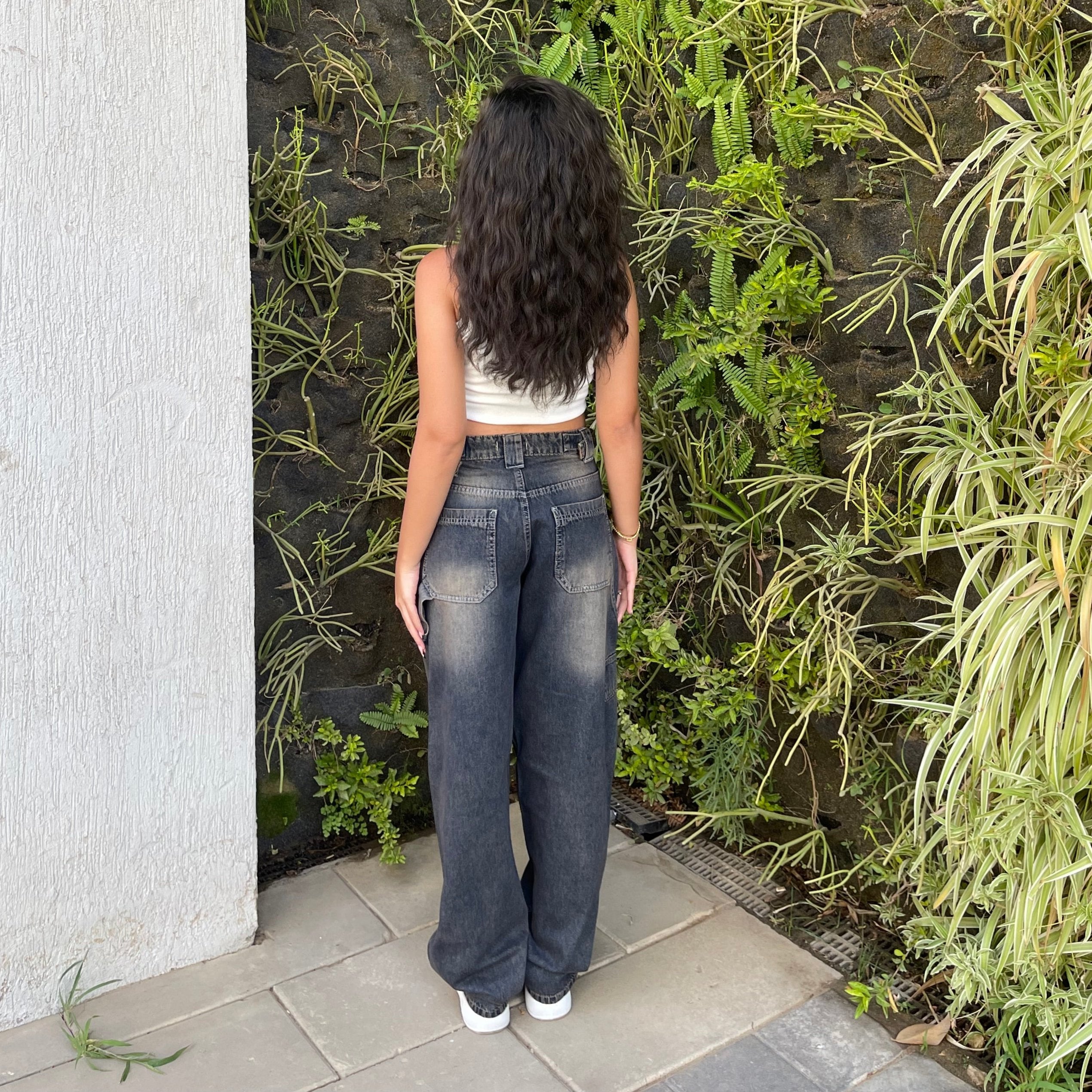 High-Waist Dark Acid Wash Skater Jeans