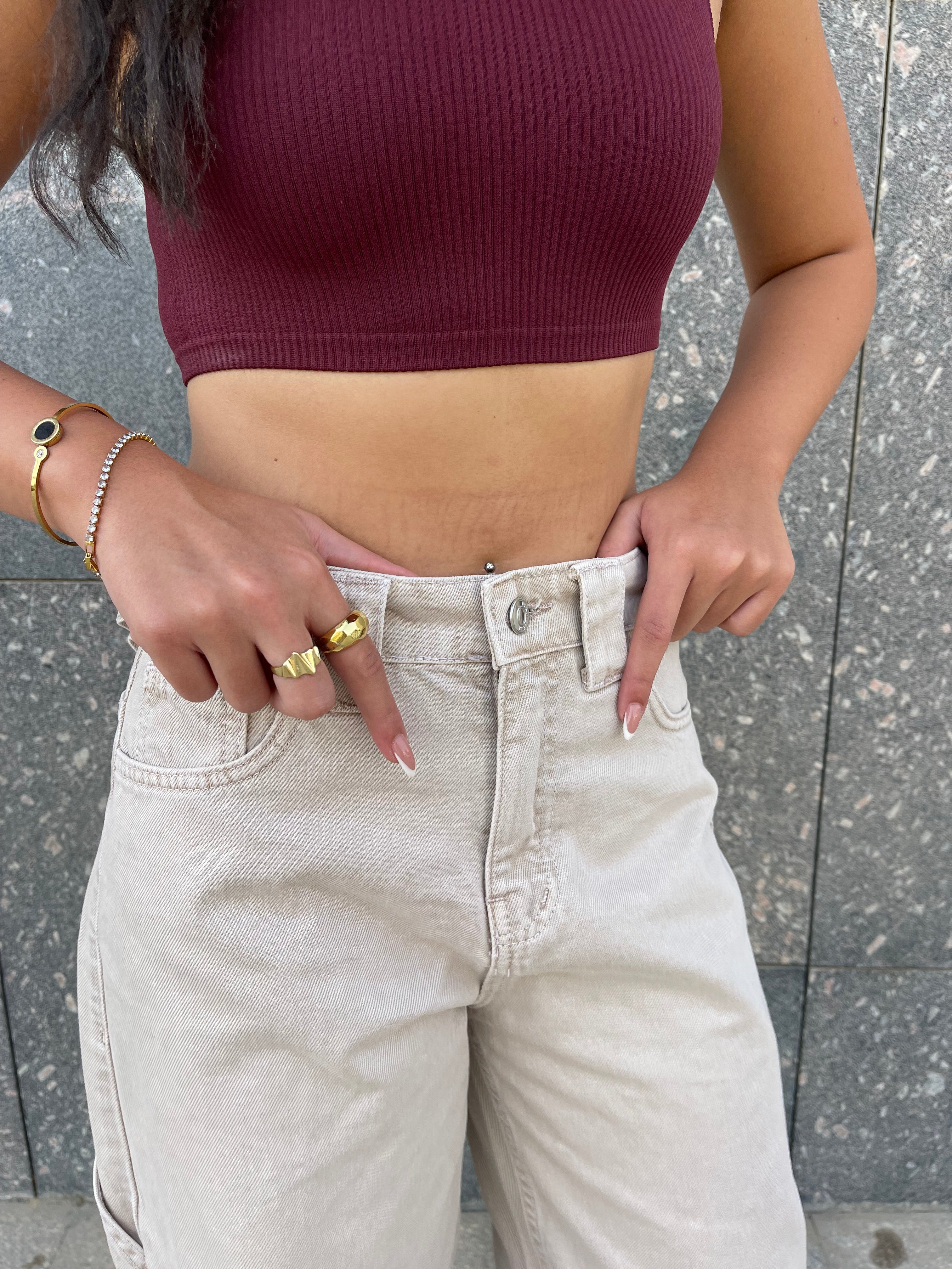 High-Waist Beige Skater Jeans