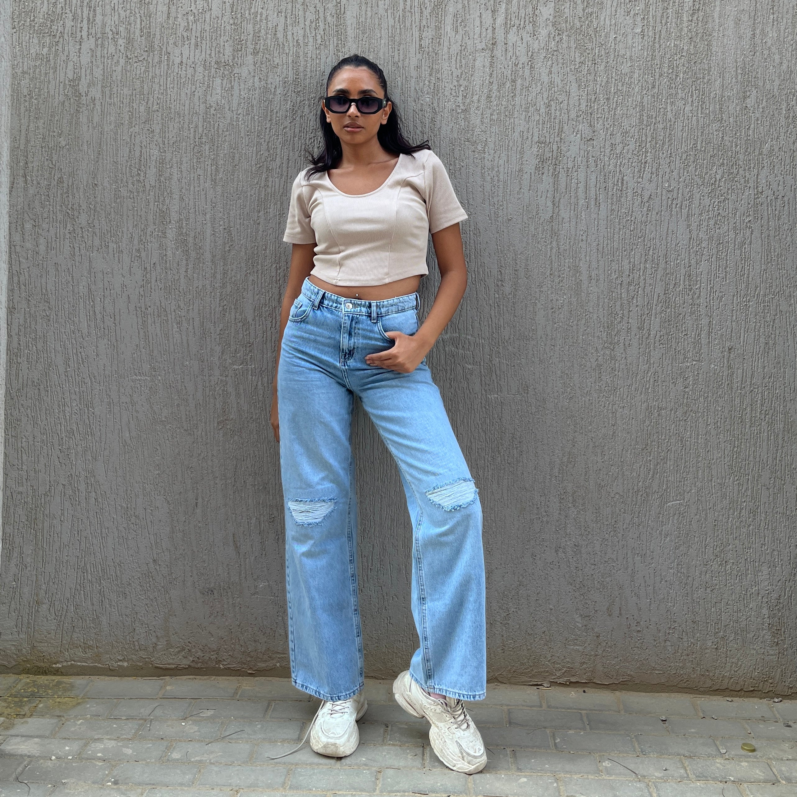 High-Waist Medium Wash Ripped Wide Leg Jeans