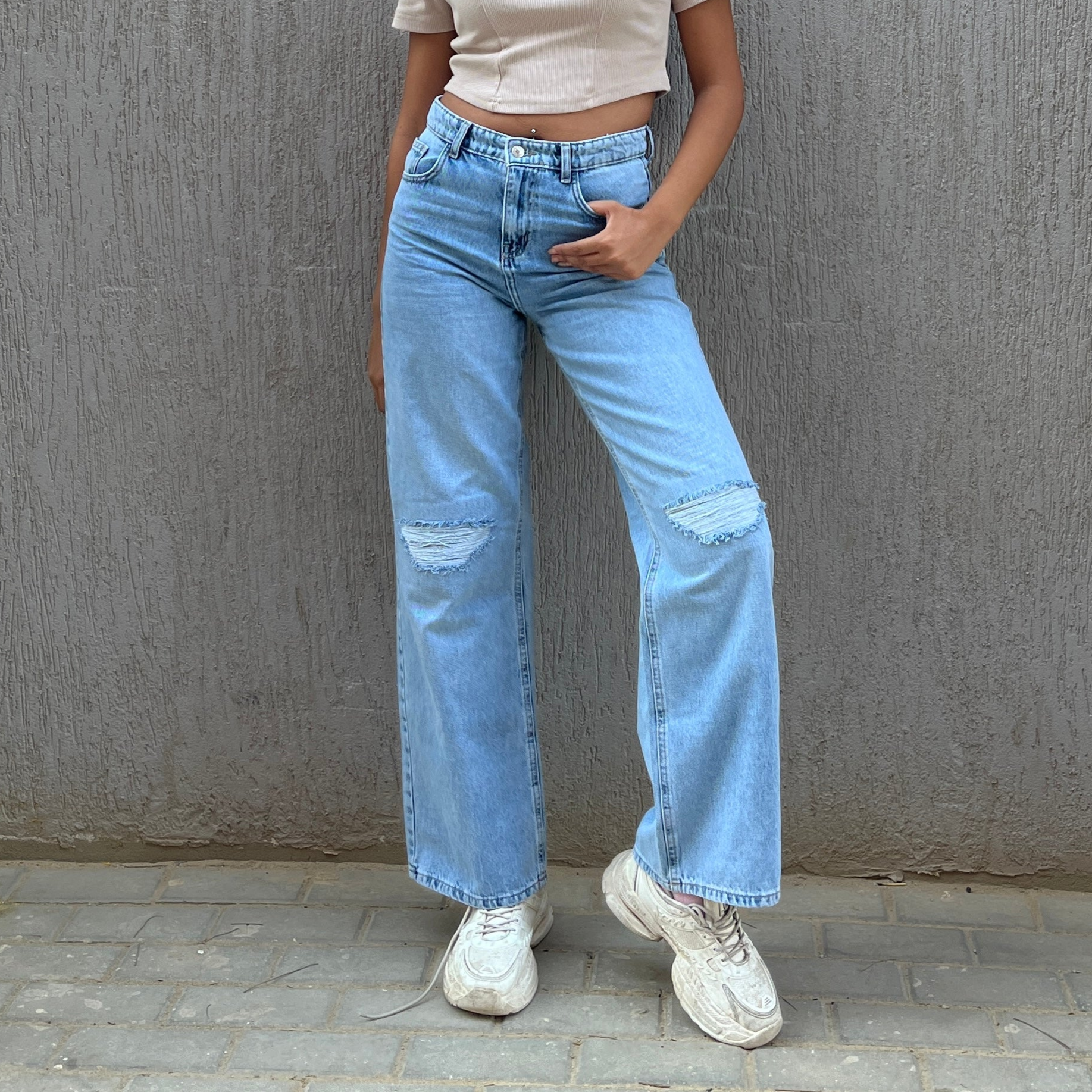 High-Waist Medium Wash Ripped Wide Leg Jeans