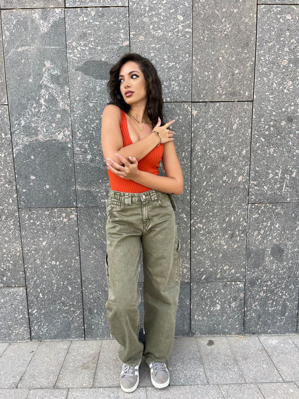 High-Waist Olive Skater Jeans