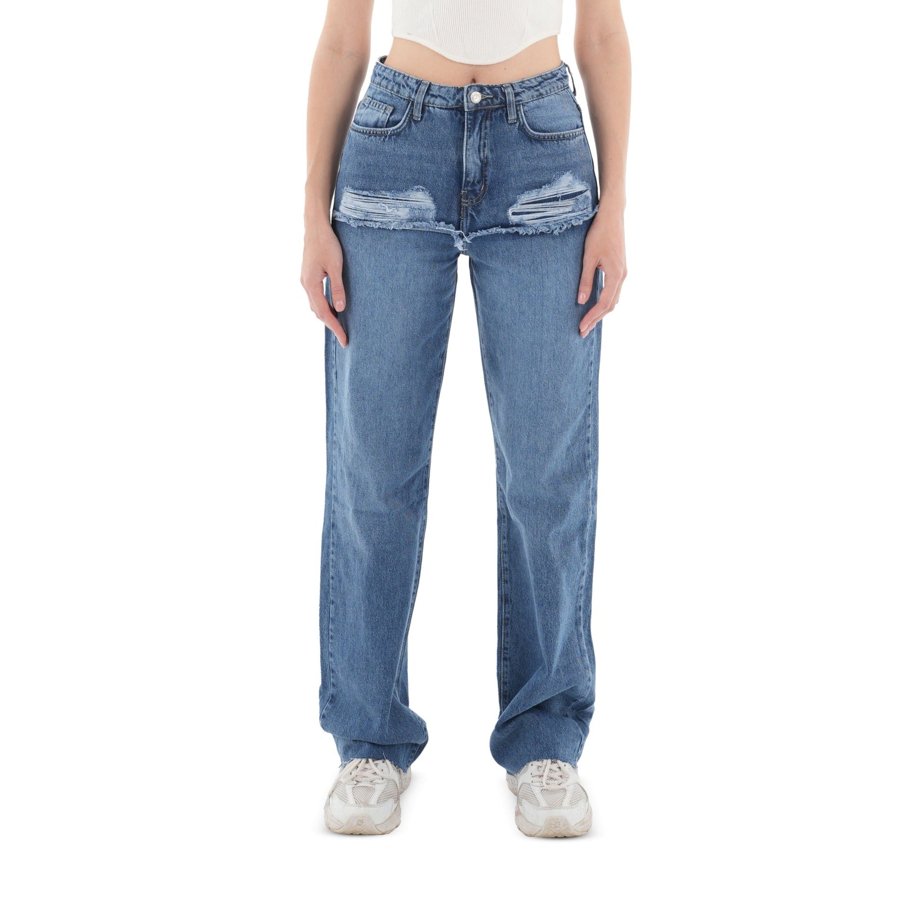 High-Waist Medium Wash Ripped Straight Leg Jeans - Lioroucci