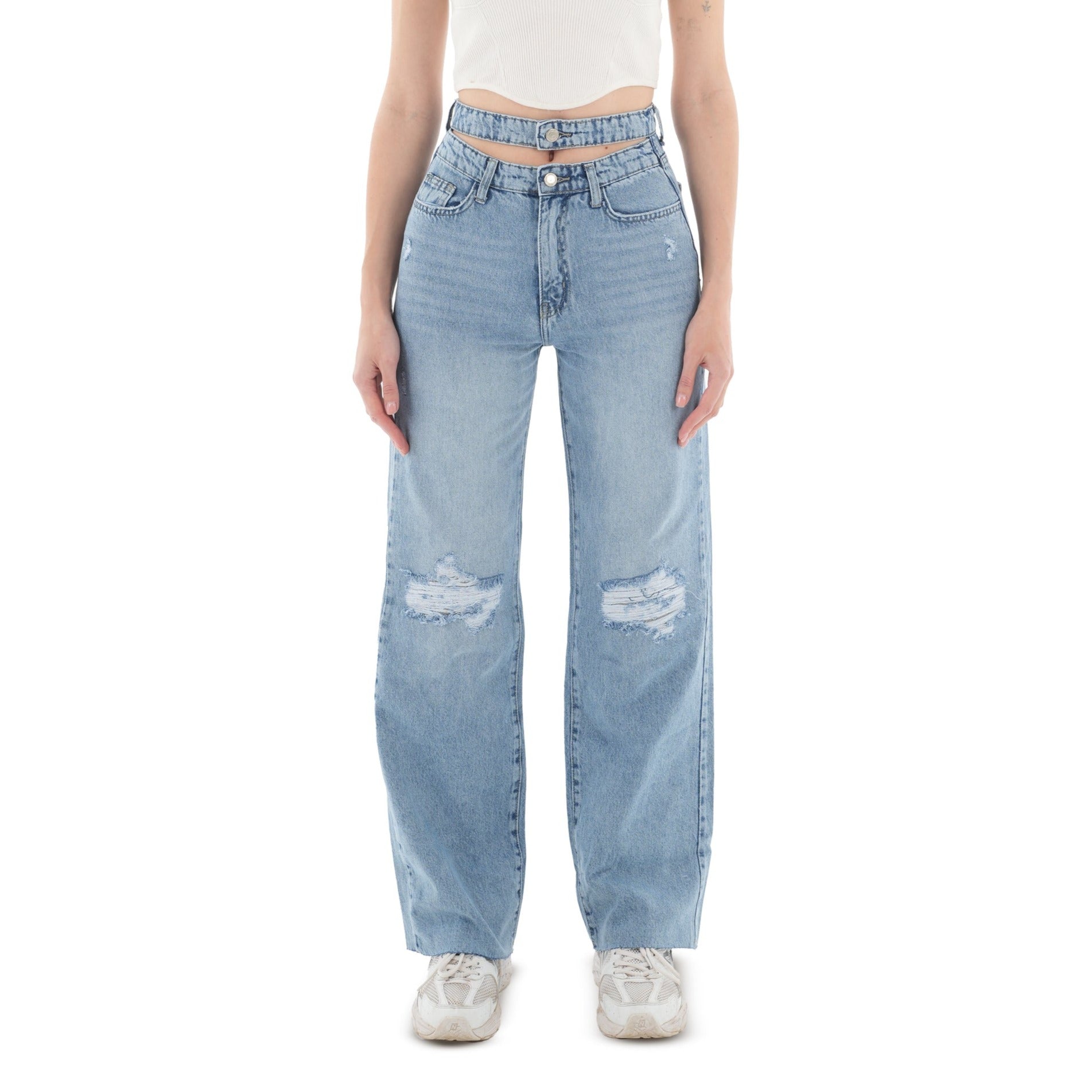 Double-Waist Light Wash Ripped Straight Leg Jeans - Lioroucci