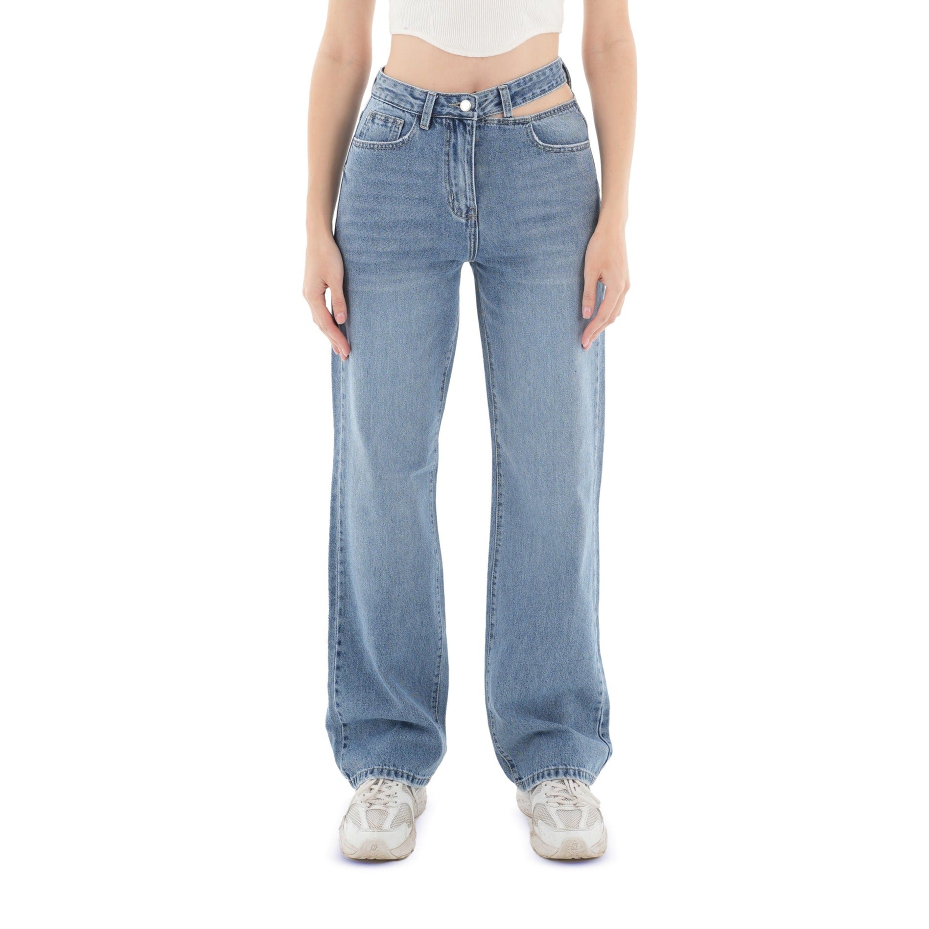 Double-Waist Medium Wash Straight Leg Jeans - Lioroucci