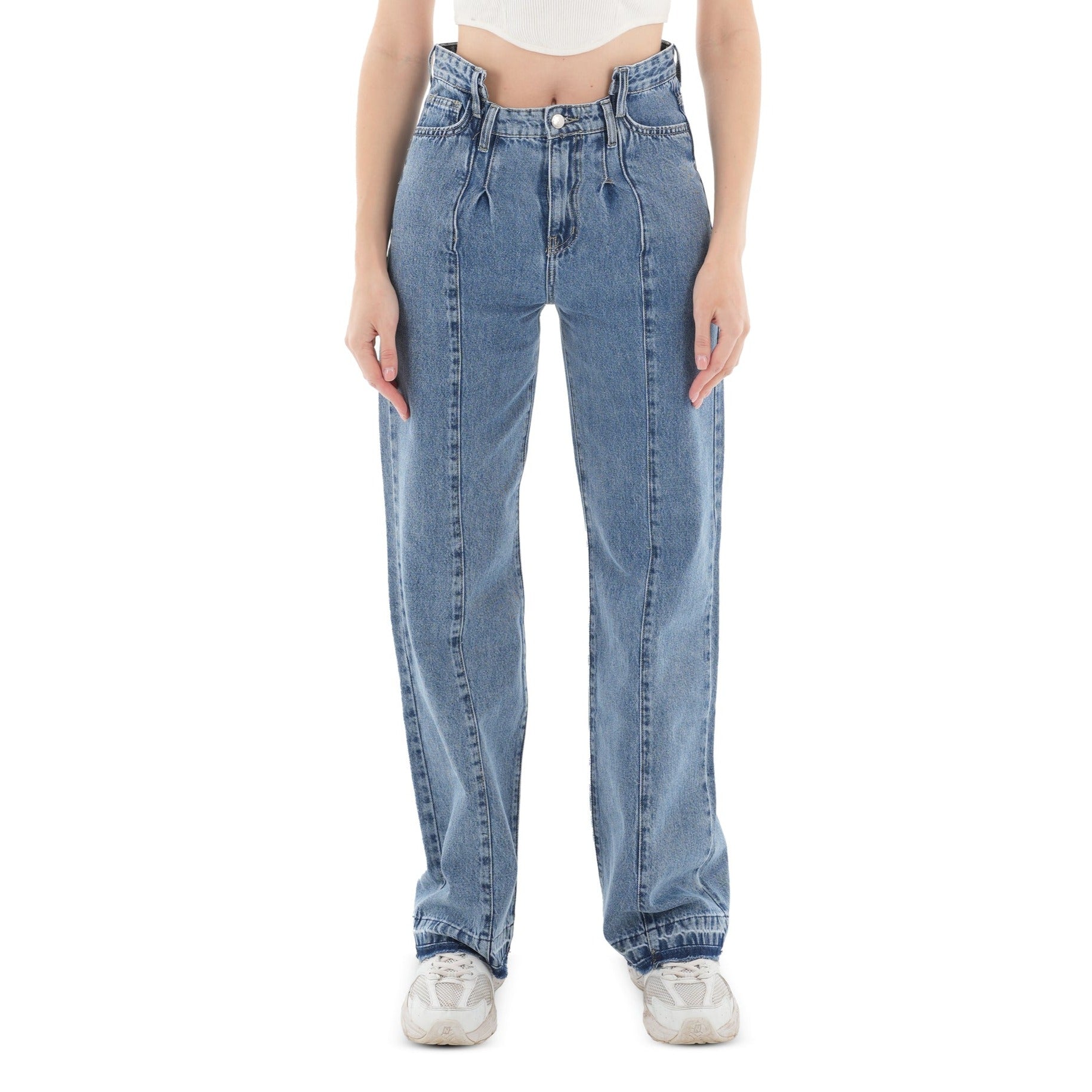 High-Waist Medium Wash Straight Leg Jeans - Lioroucci