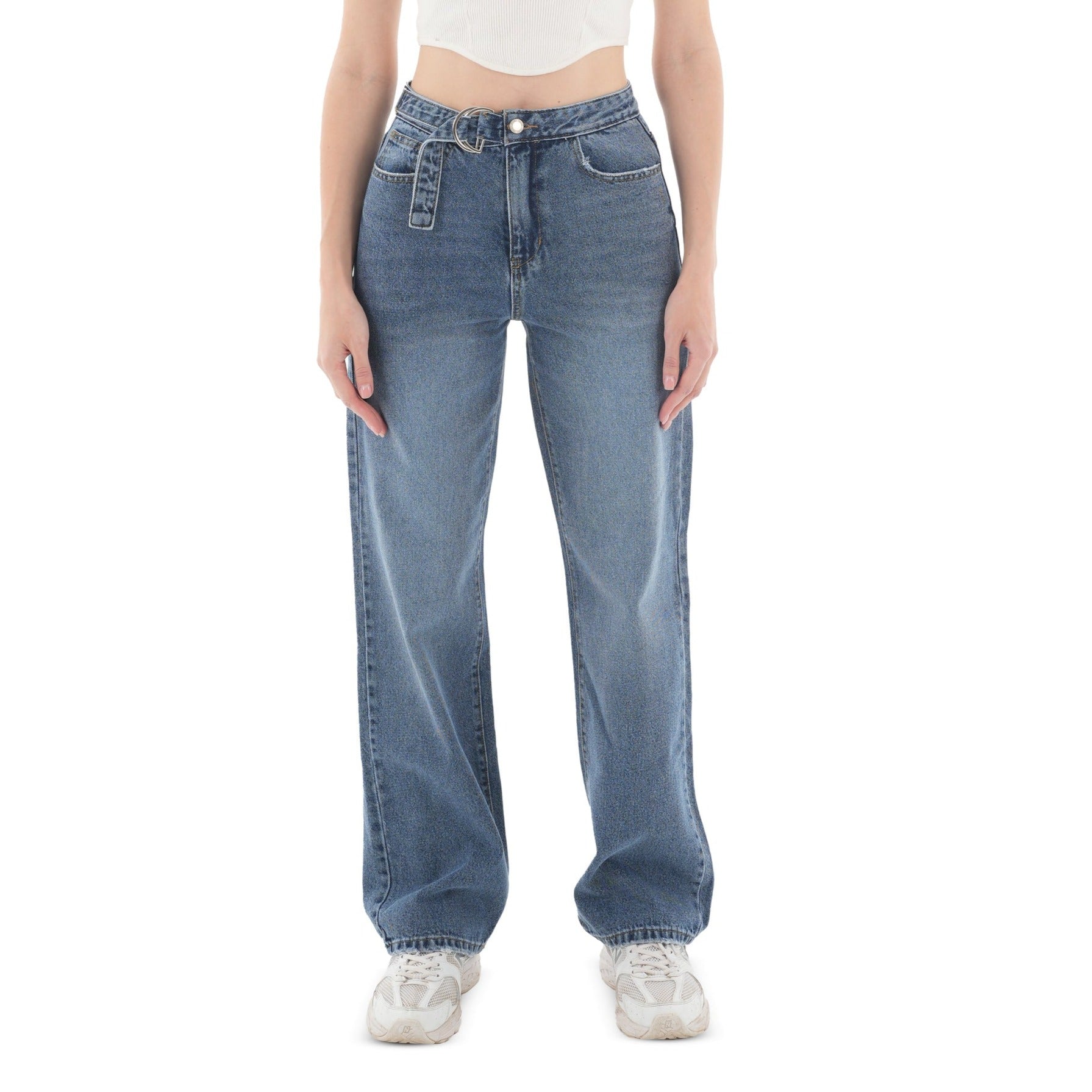 High-Waist Medium Wash Straight Leg Jeans - Lioroucci