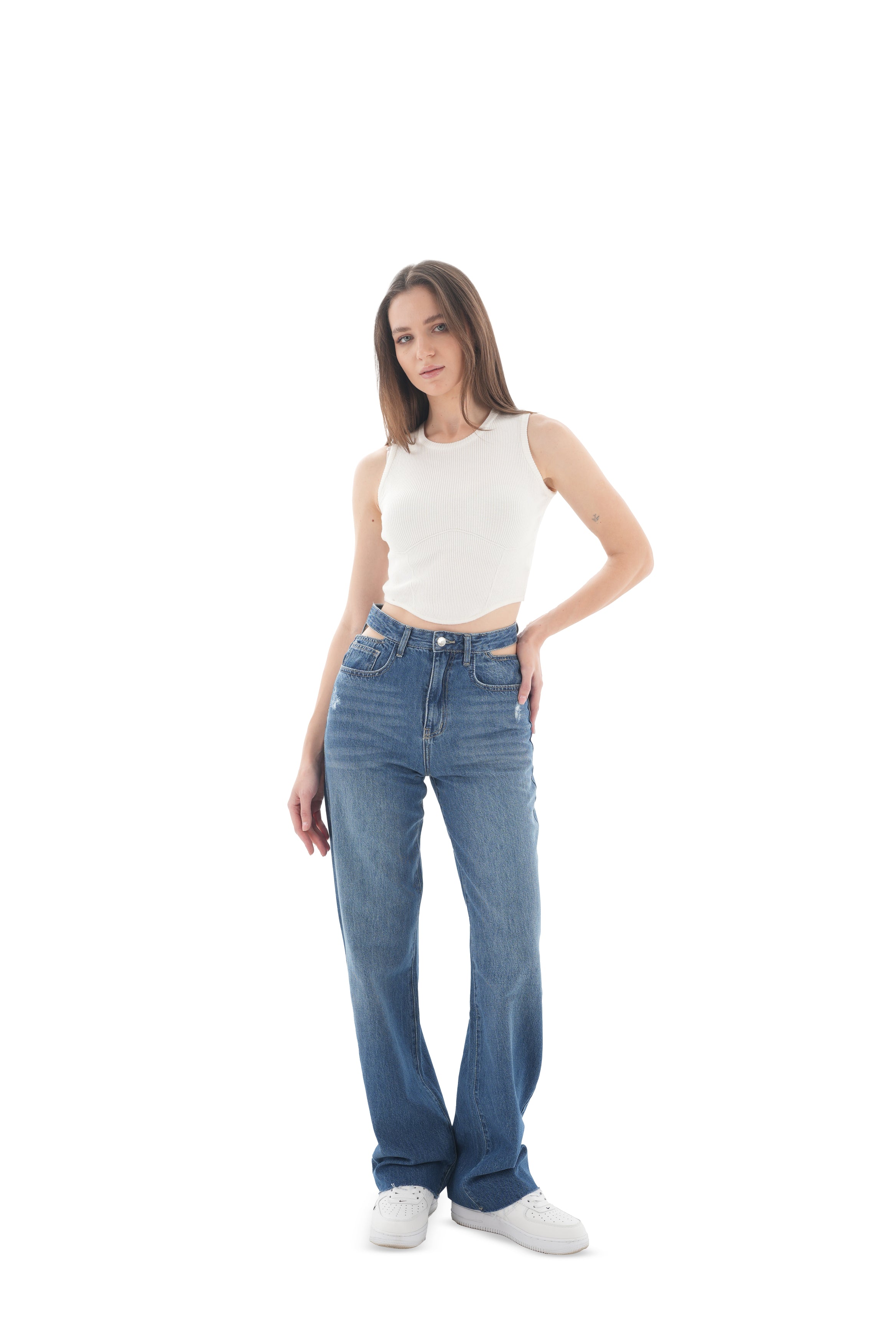 Double-Waist Dark Wash Straight Leg Jeans