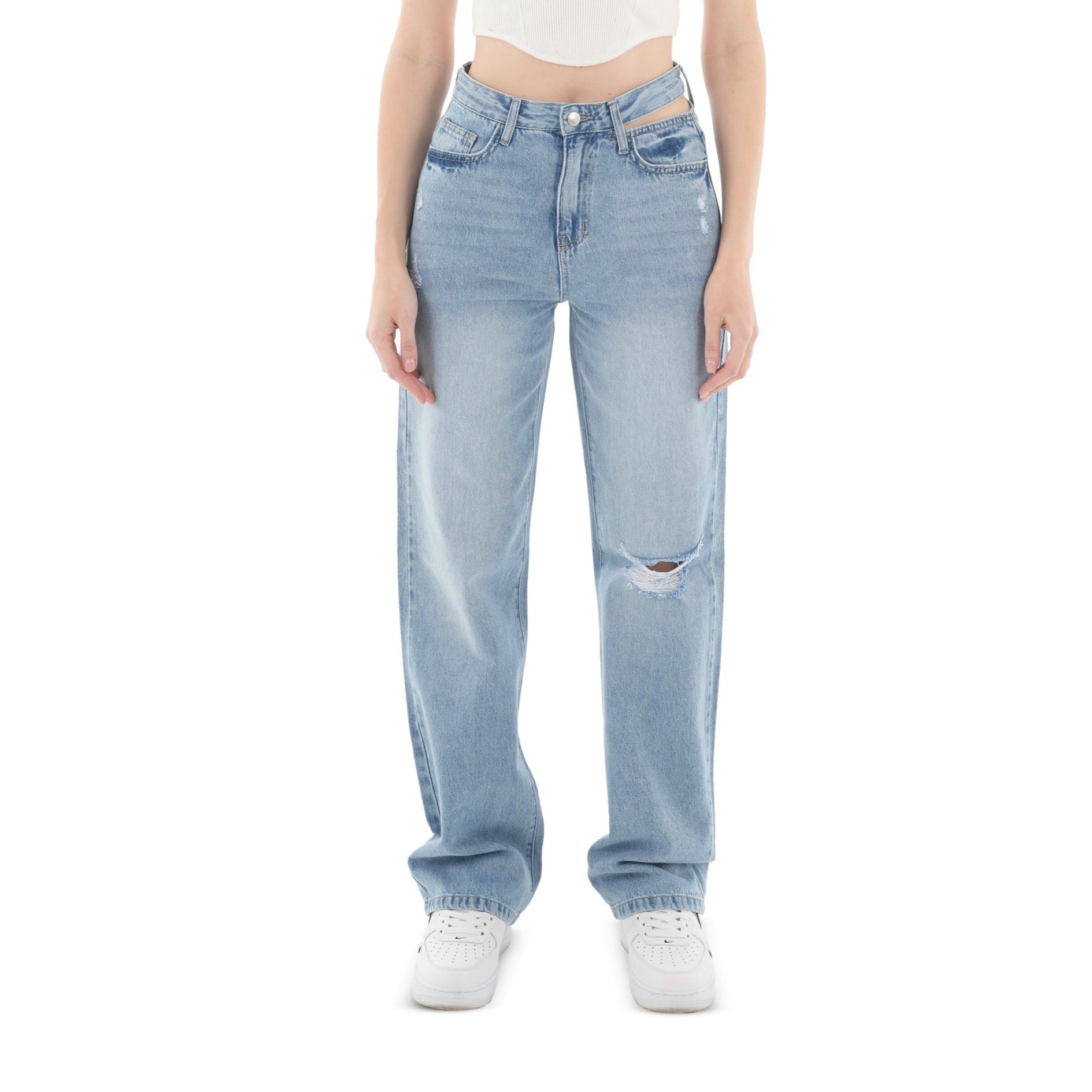 Double-Waist LIght Wash Ripped Straight Leg Jeans - Lioroucci