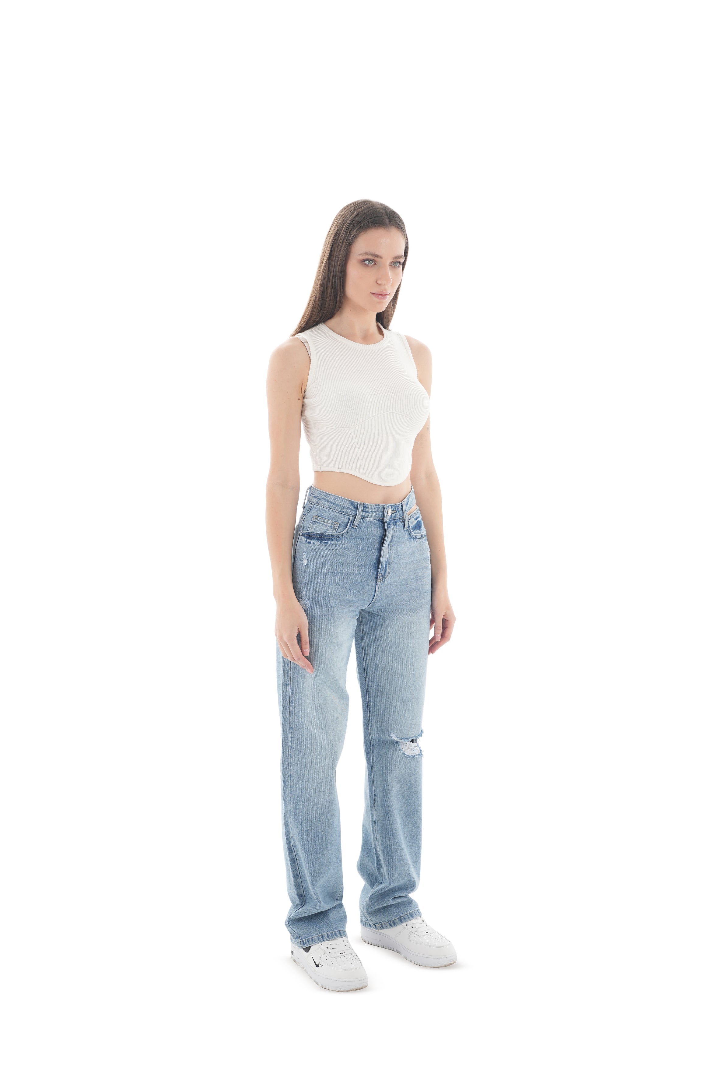 Double-Waist LIght Wash Ripped Straight Leg Jeans - Lioroucci