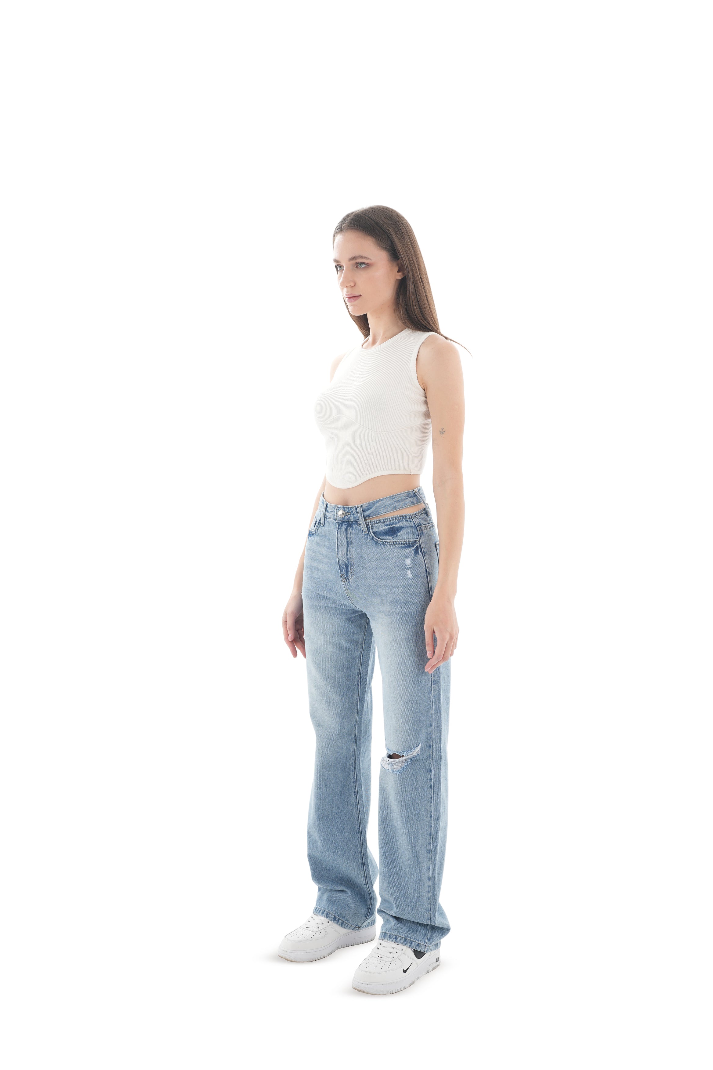 Double-Waist LIght Wash Ripped Straight Leg Jeans - Lioroucci