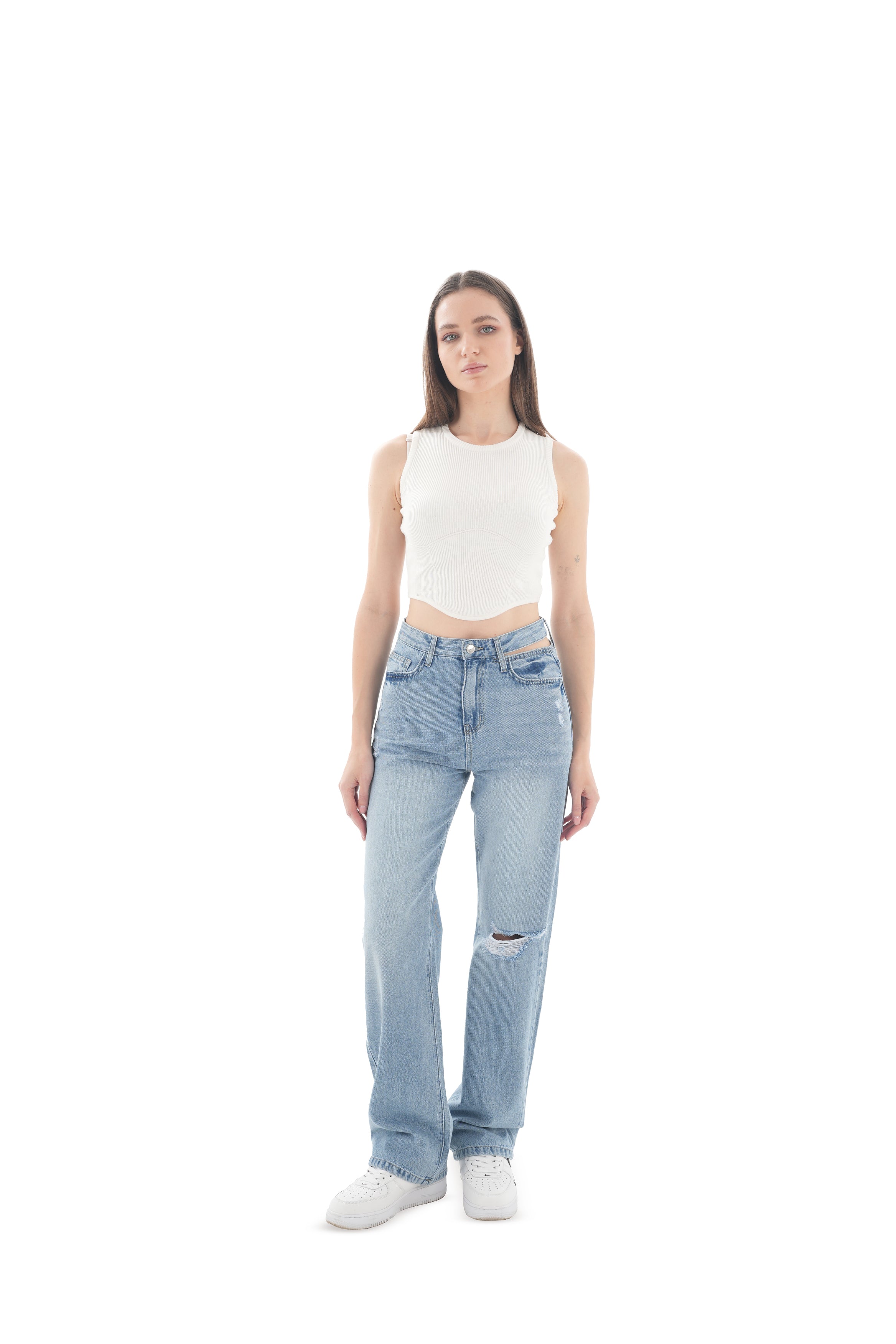 Double-Waist LIght Wash Ripped Straight Leg Jeans - Lioroucci