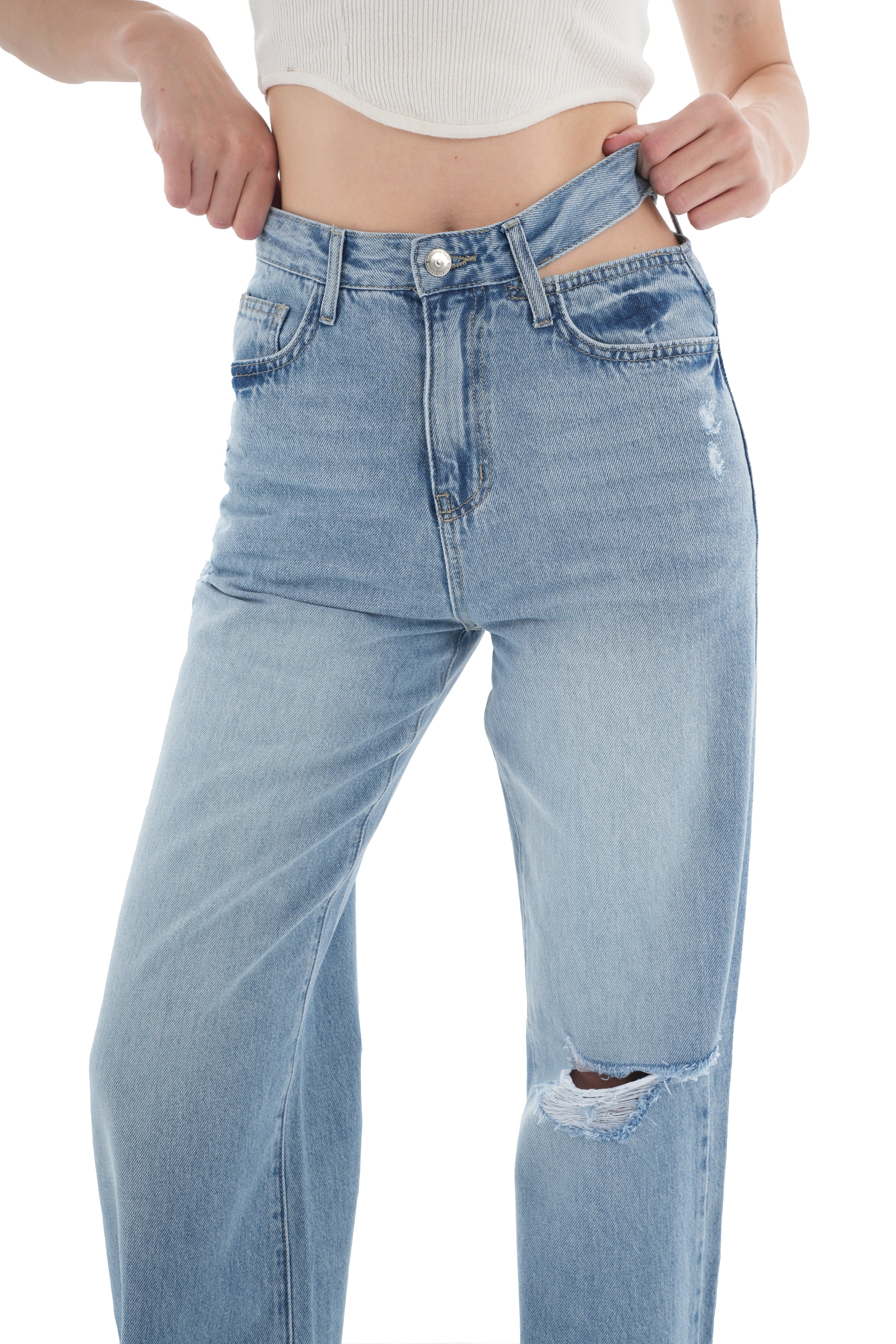 Double-Waist LIght Wash Ripped Straight Leg Jeans - Lioroucci