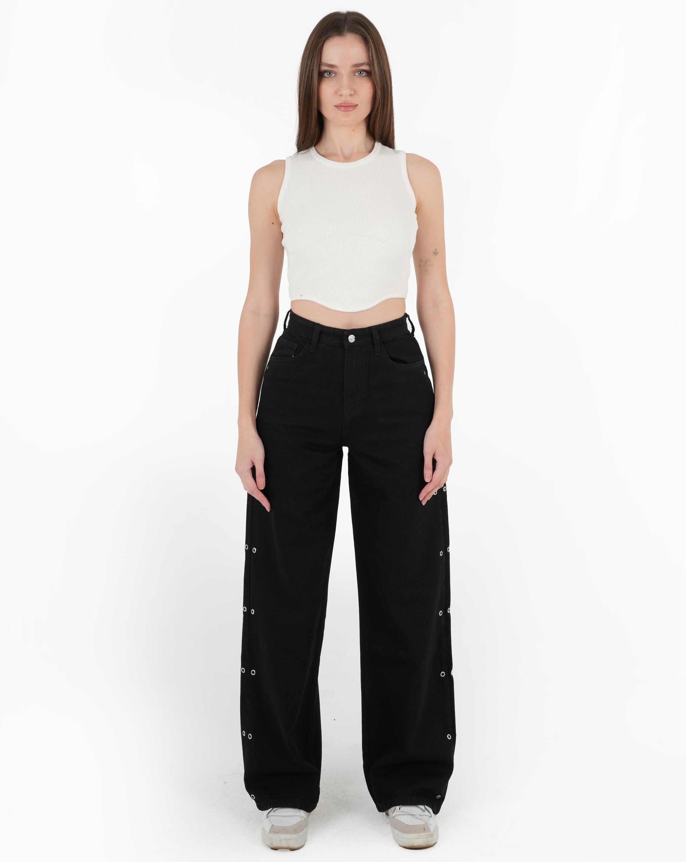 High-waist Black Side Snap Button Wide Leg Jeans - Lioroucci