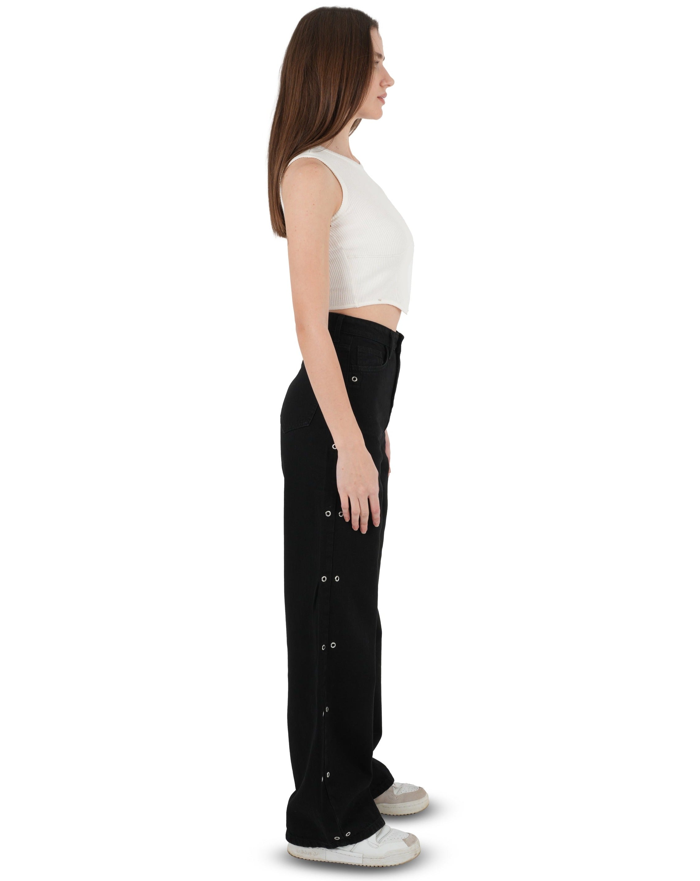 High-waist Black Side Snap Button Wide Leg Jeans - Lioroucci