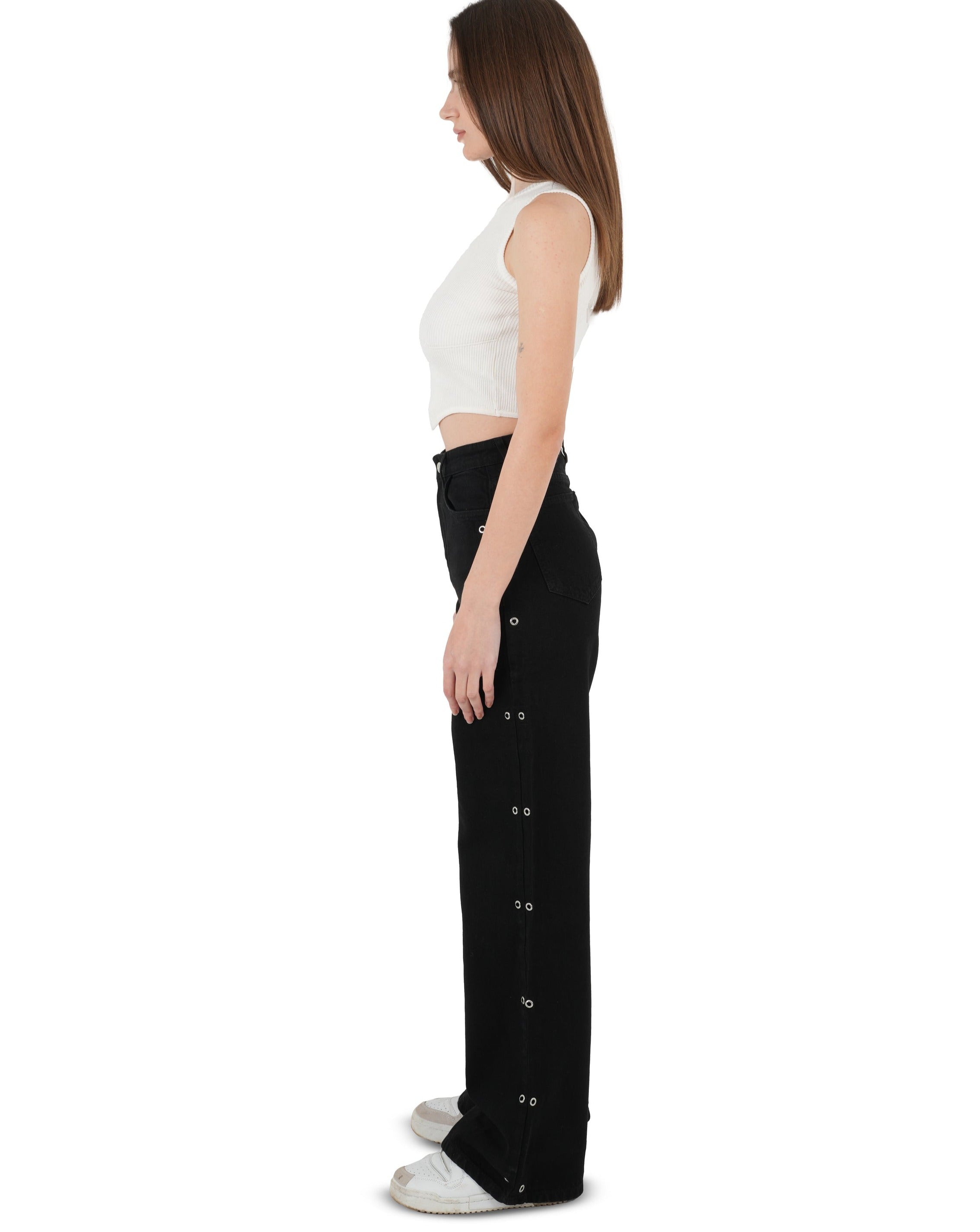 High-waist Black Side Snap Button Wide Leg Jeans - Lioroucci