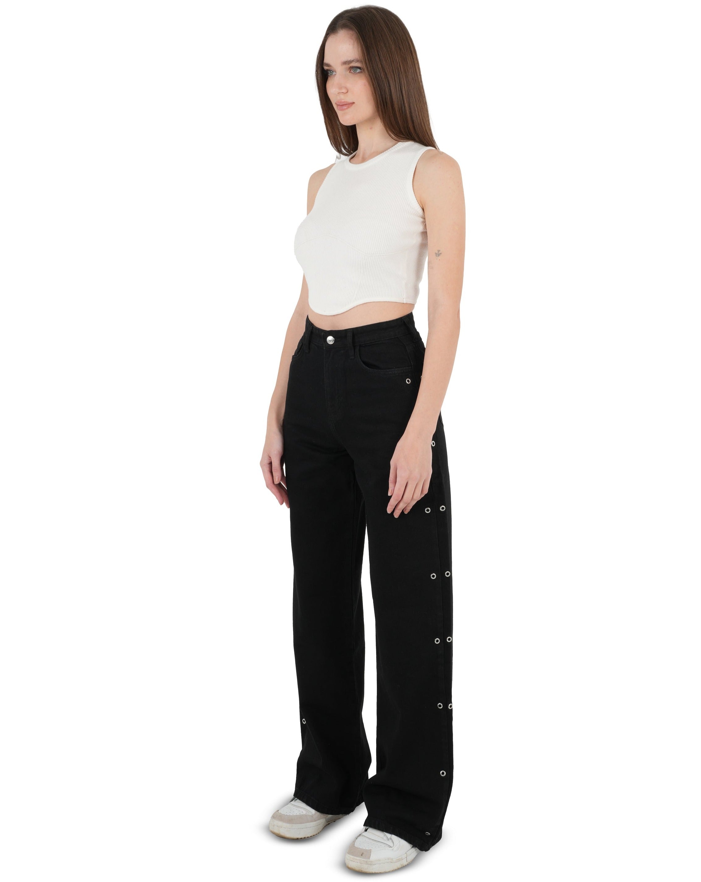 High-waist Black Side Snap Button Wide Leg Jeans - Lioroucci