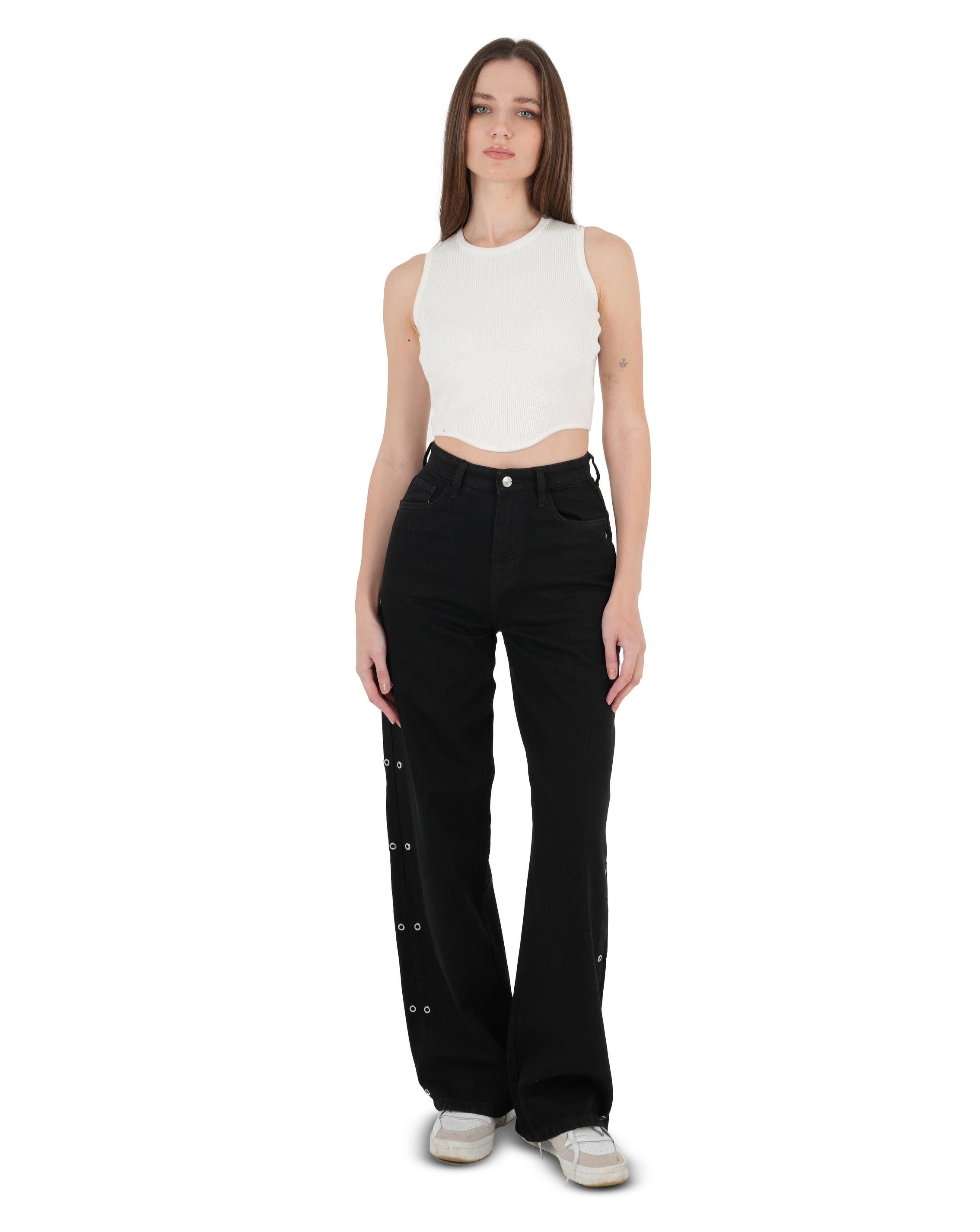 High-waist Black Side Snap Button Wide Leg Jeans - Lioroucci