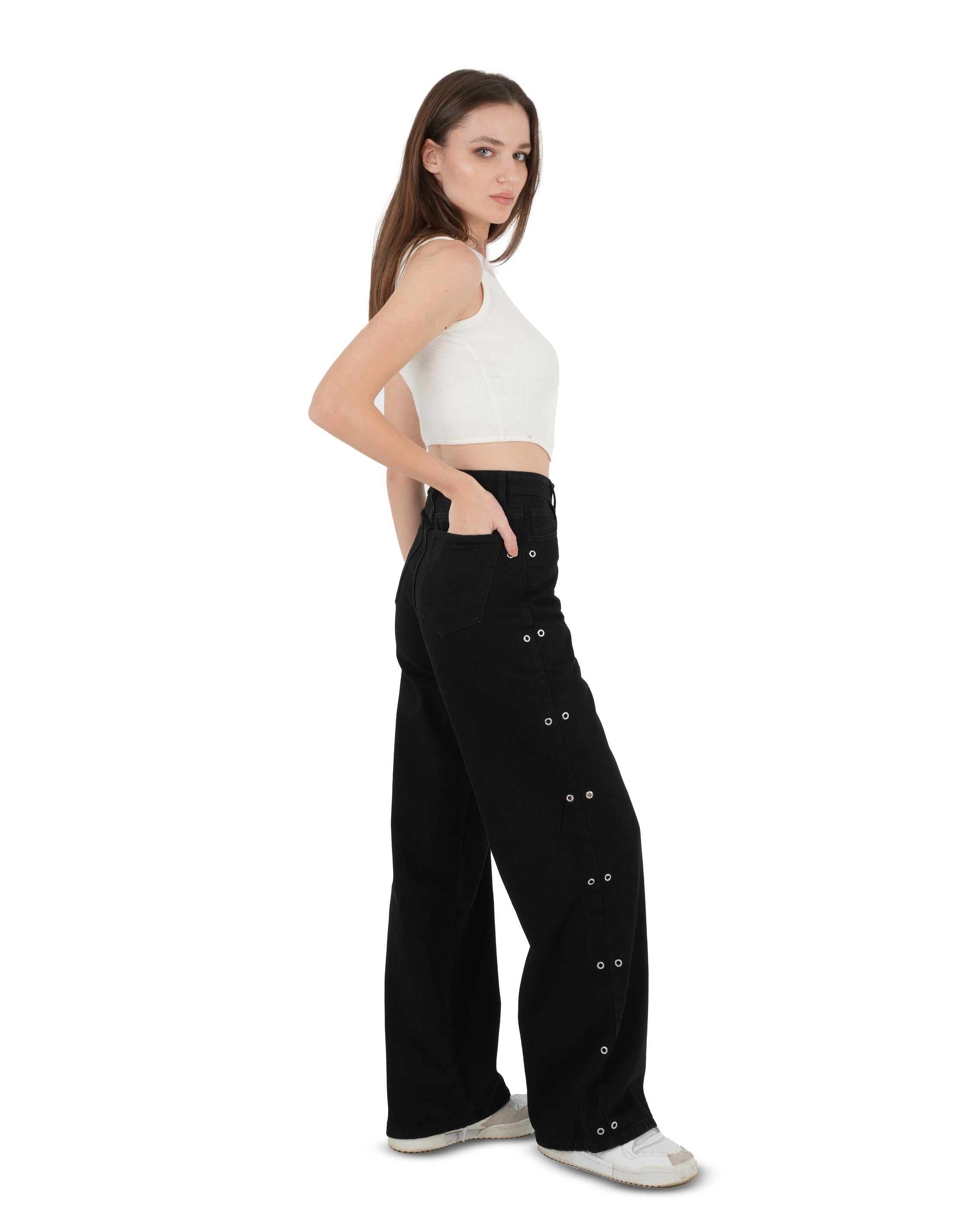 High-waist Black Side Snap Button Wide Leg Jeans - Lioroucci