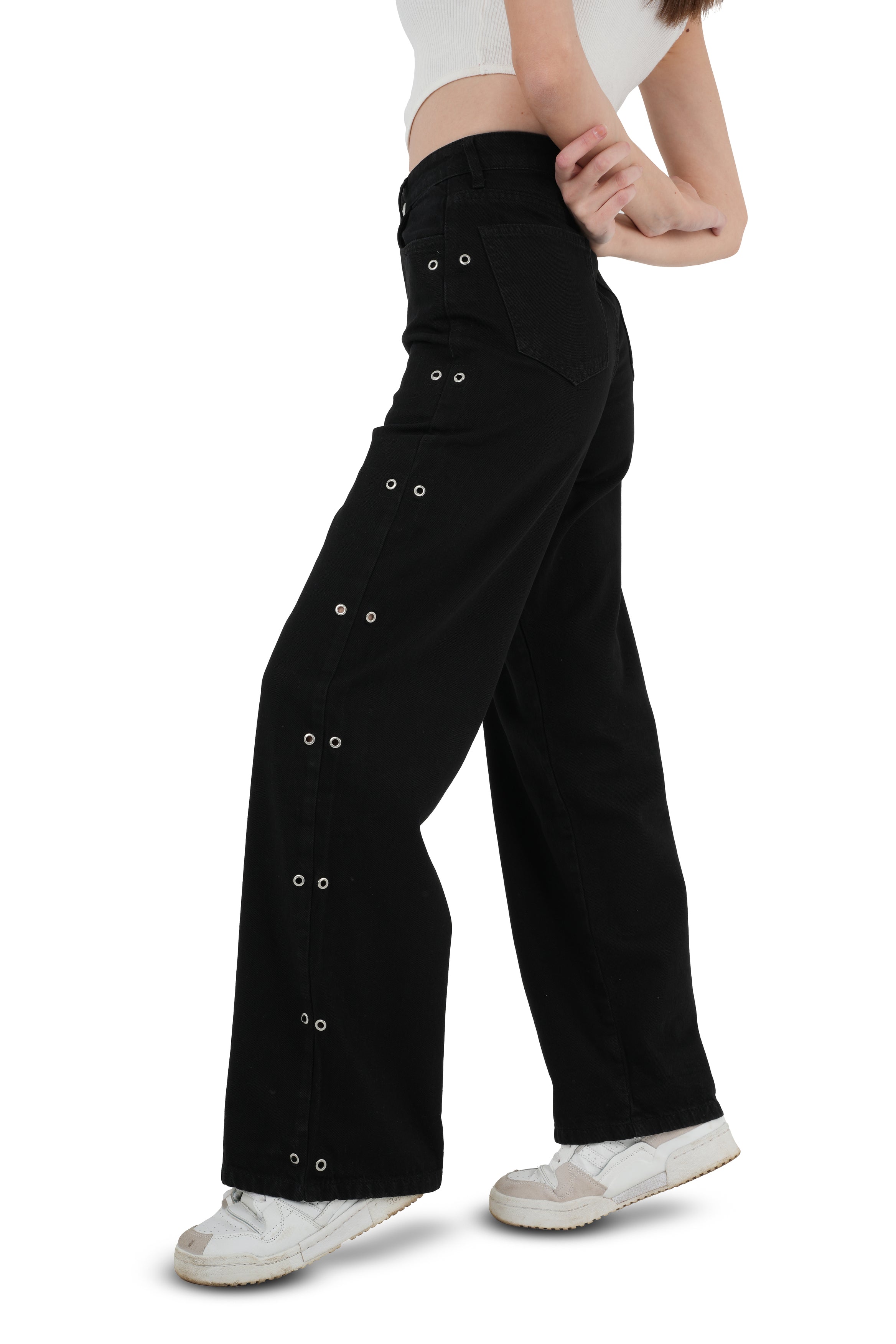 High-waist Black Side Snap Button Wide Leg Jeans - Lioroucci