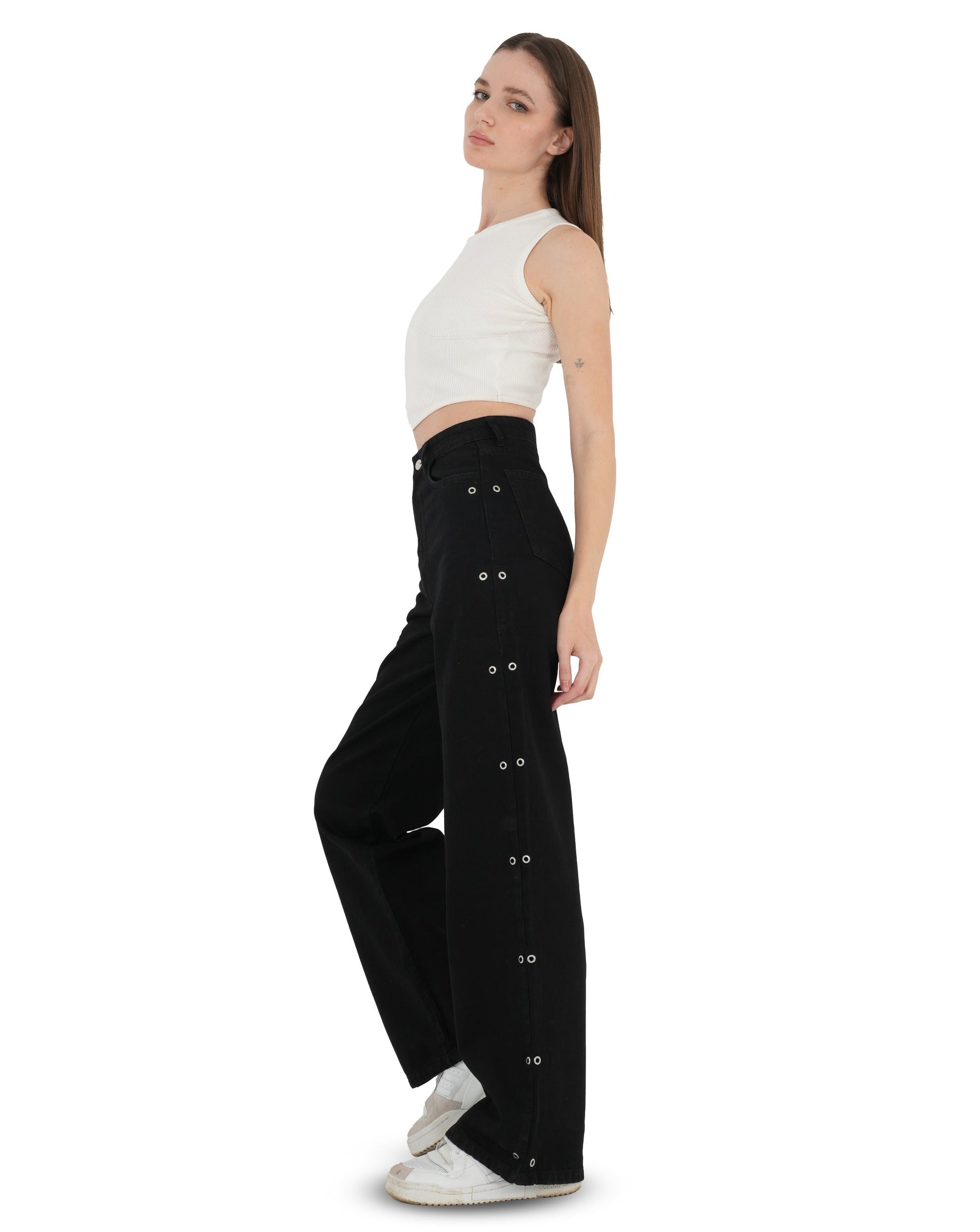 High-waist Black Side Snap Button Wide Leg Jeans - Lioroucci