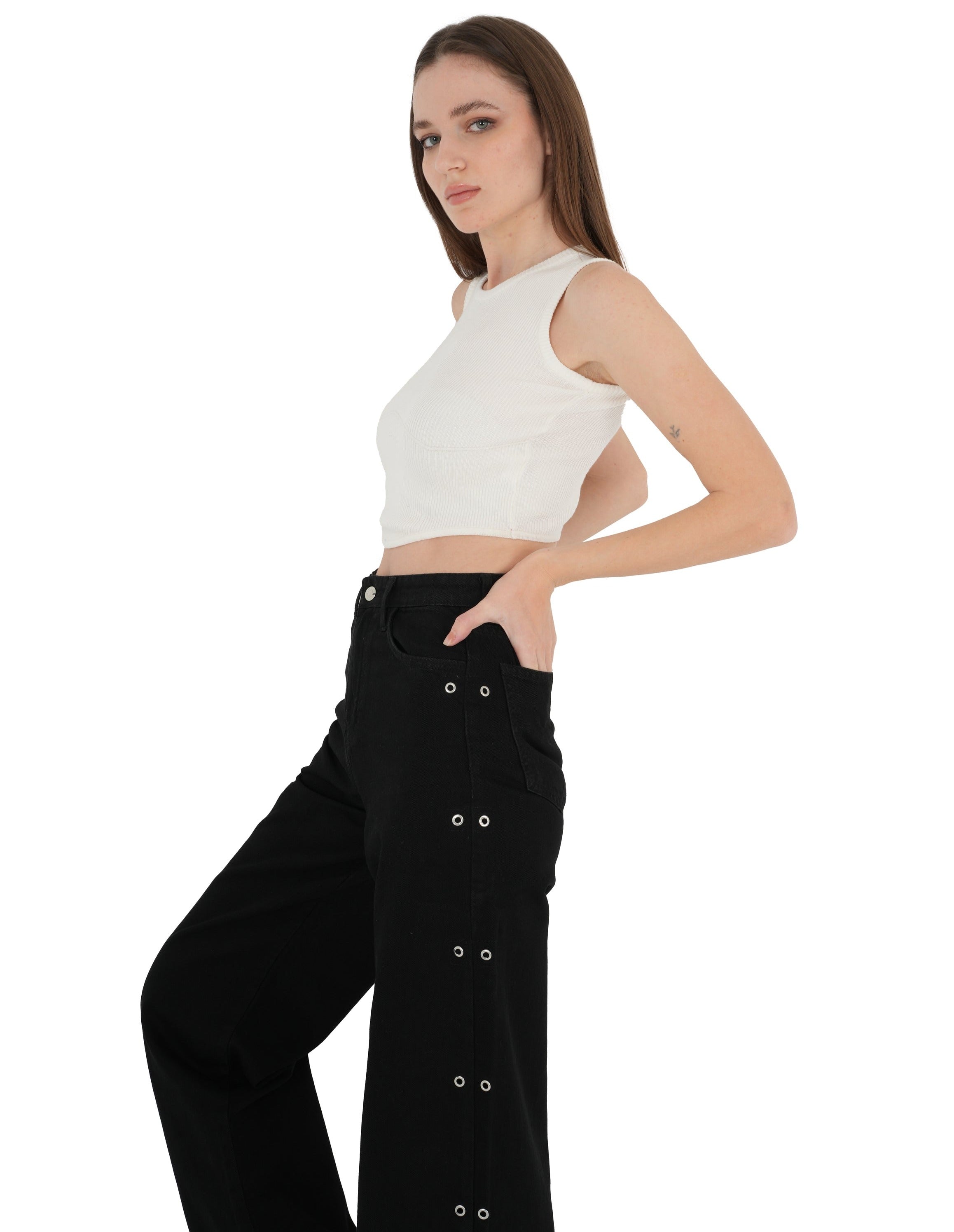 High-waist Black Side Snap Button Wide Leg Jeans - Lioroucci