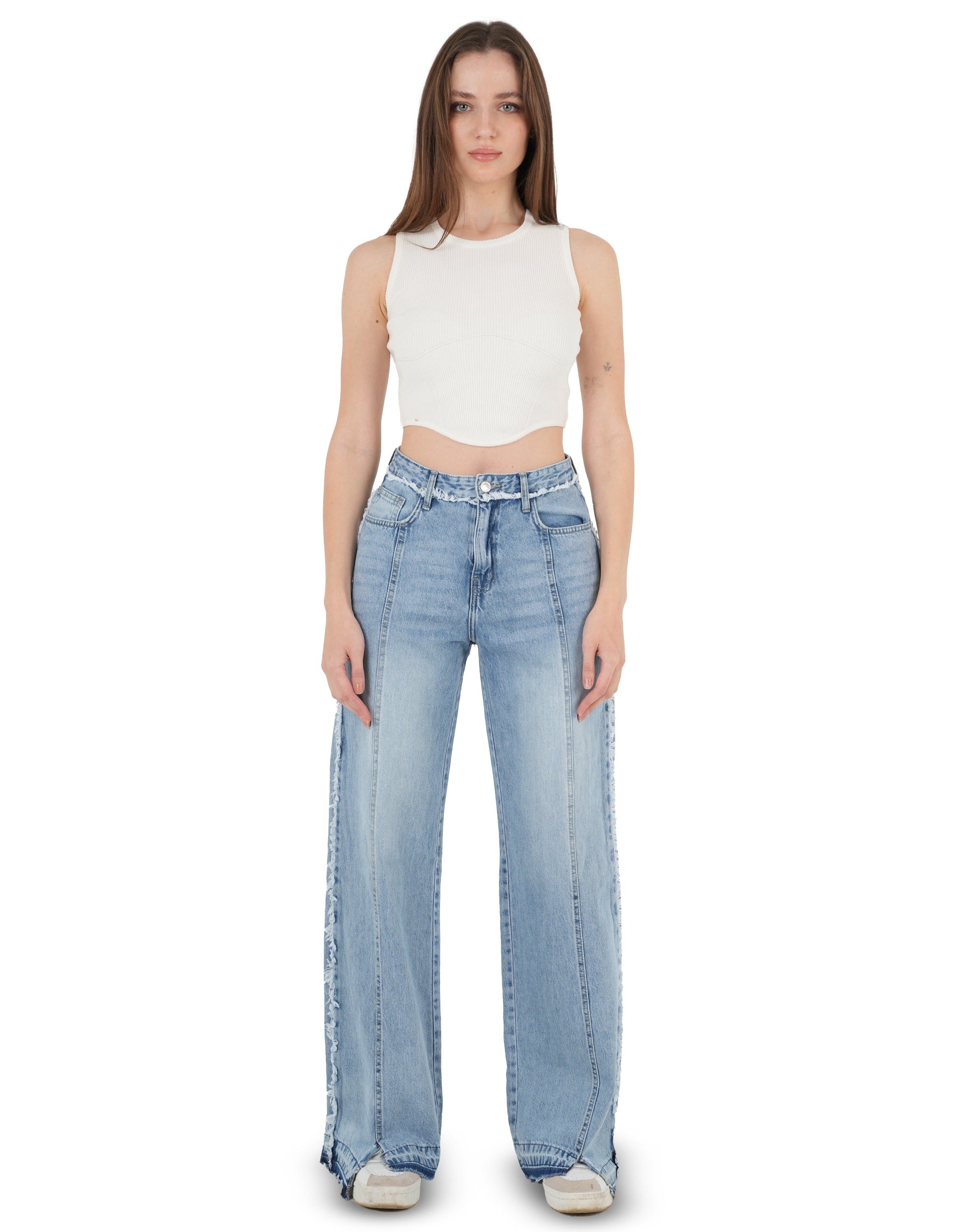 High-Waist Medium Wash Wide Leg Jeans - Lioroucci