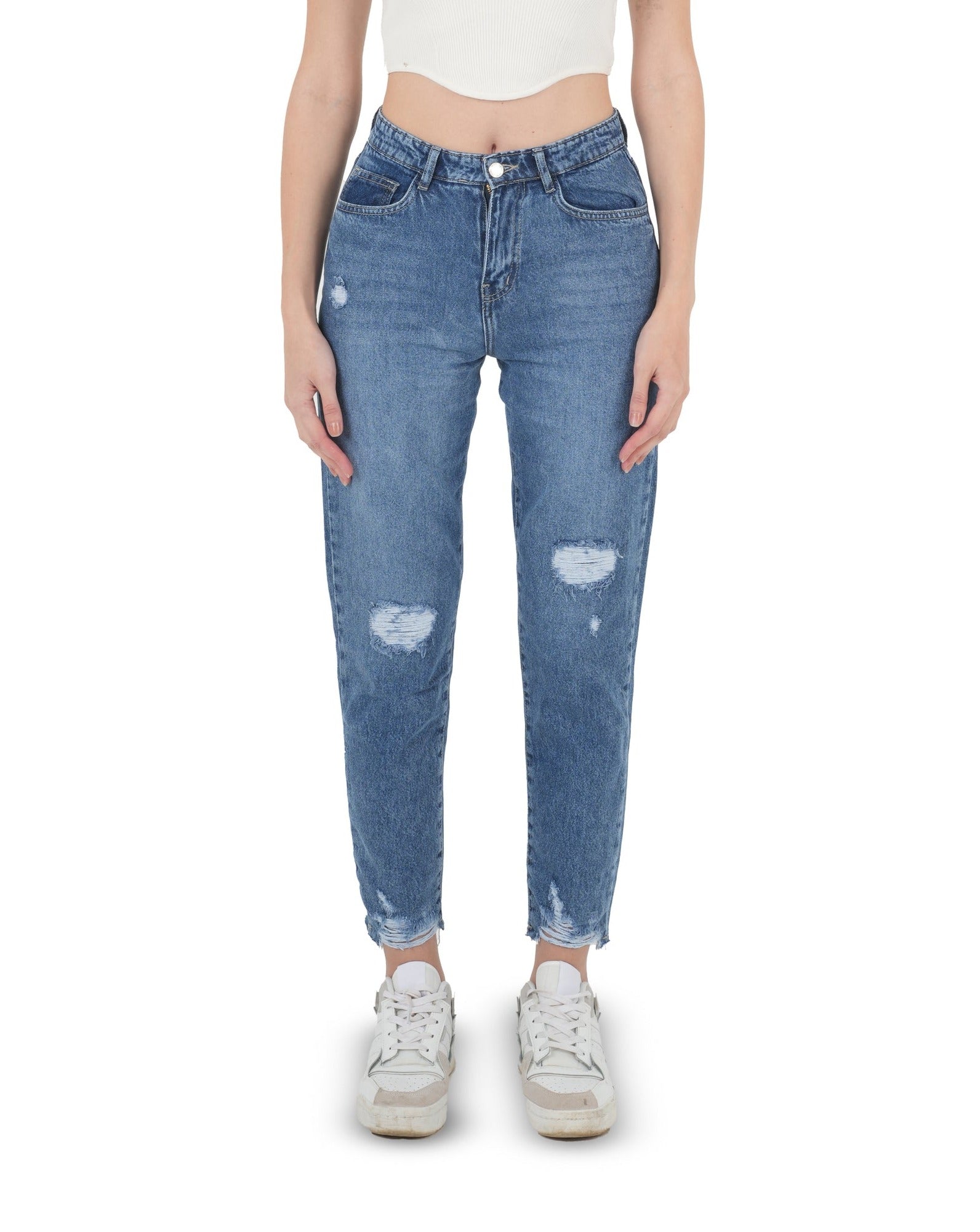 High-Waist Medium Wash Ripped Mom Fit Jeans - Lioroucci