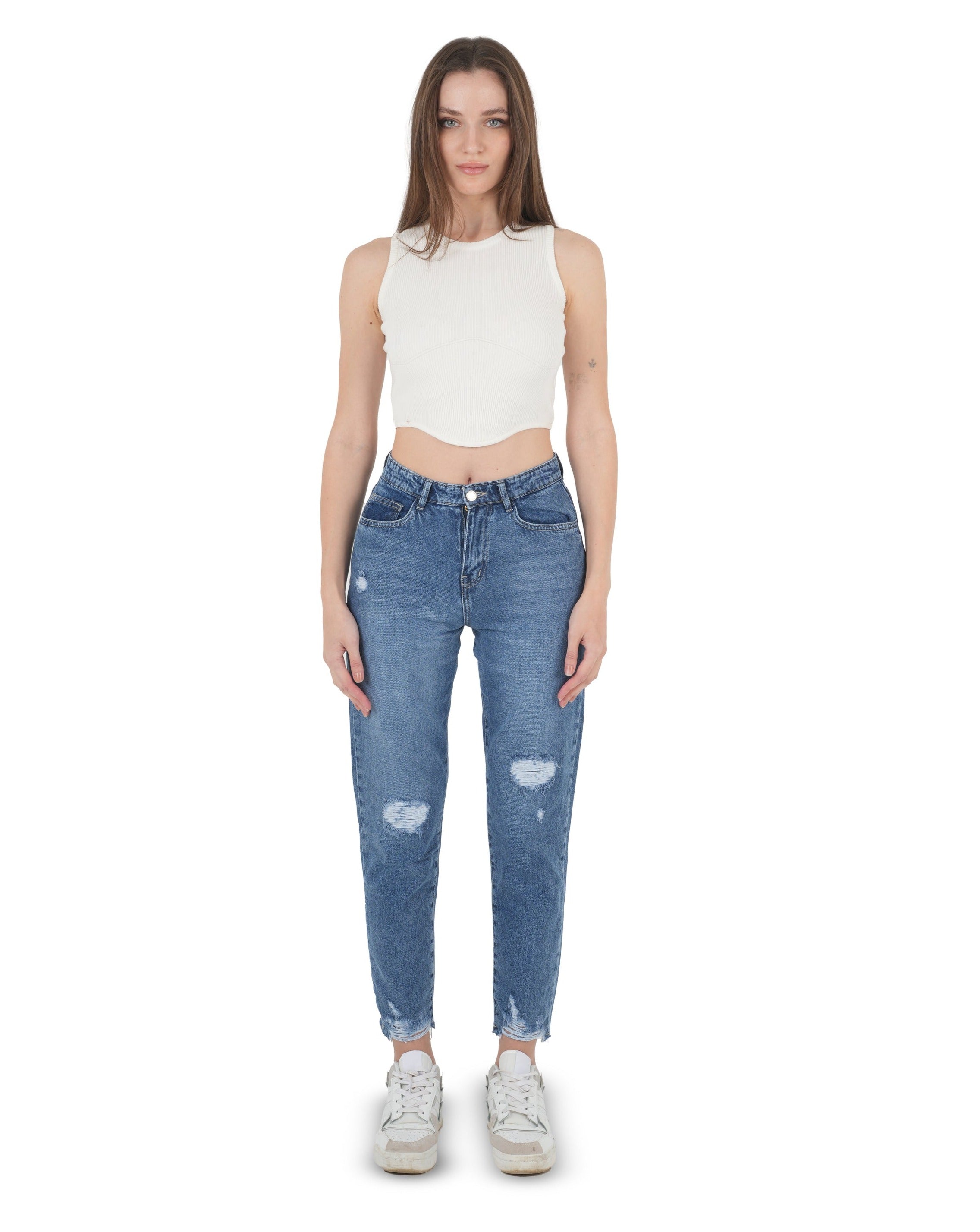 High-Waist Medium Wash Ripped Mom Fit Jeans - Lioroucci