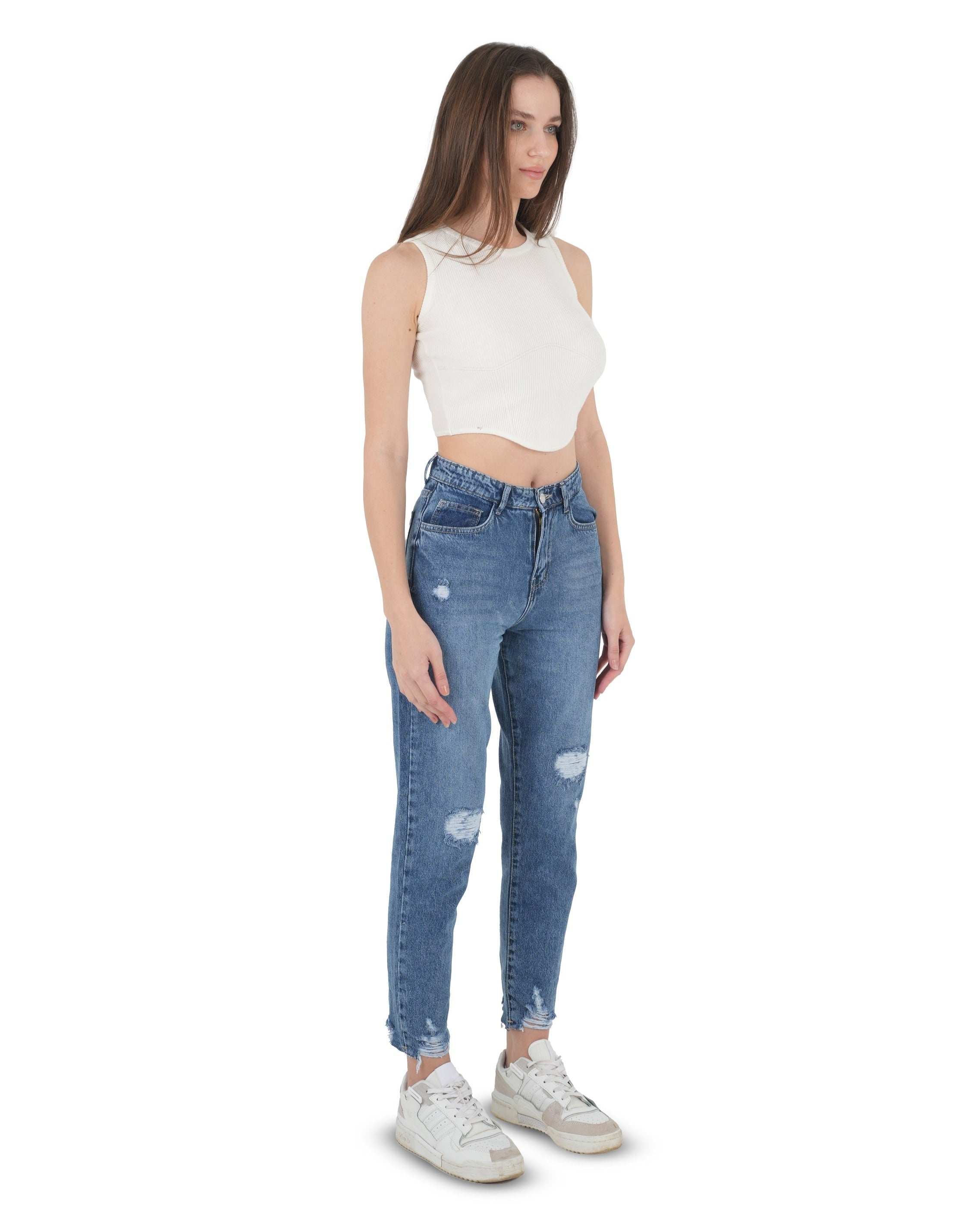 High-Waist Medium Wash Ripped Mom Fit Jeans - Lioroucci