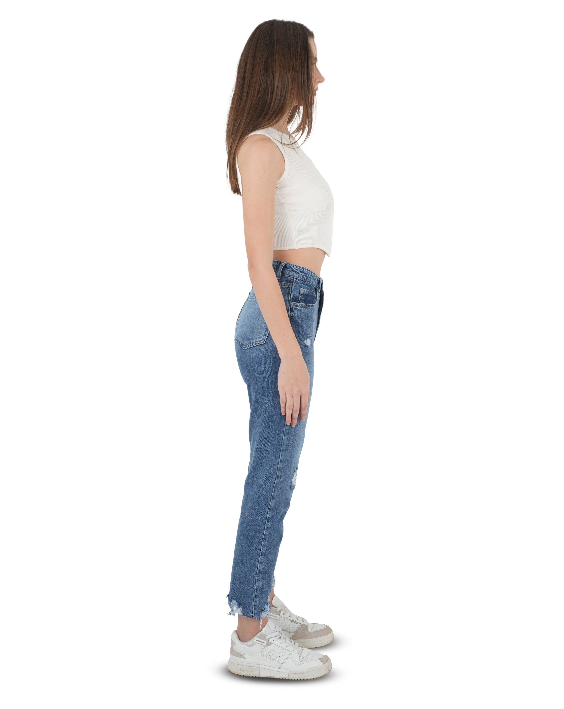 High-Waist Medium Wash Ripped Mom Fit Jeans - Lioroucci