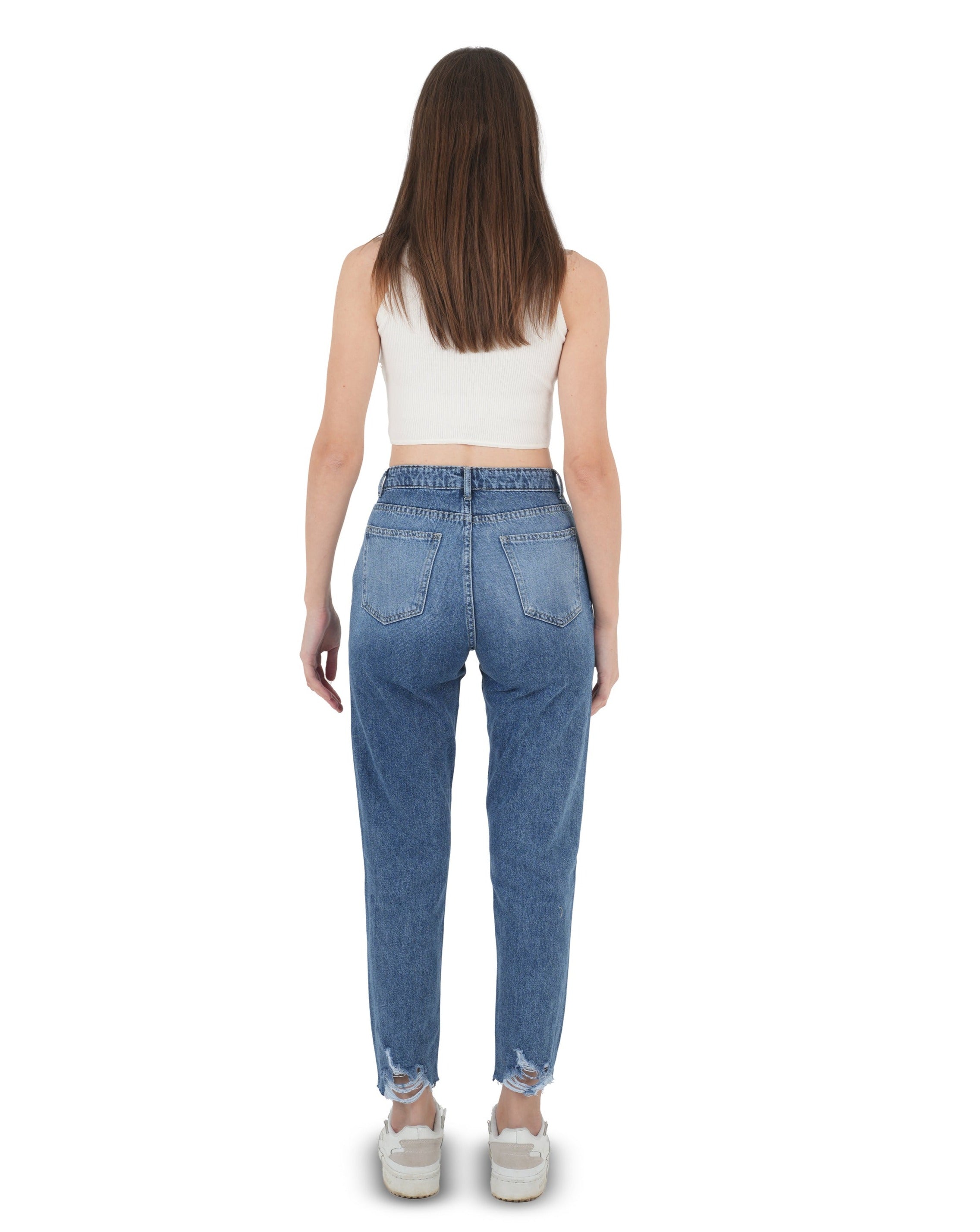 High-Waist Medium Wash Ripped Mom Fit Jeans - Lioroucci