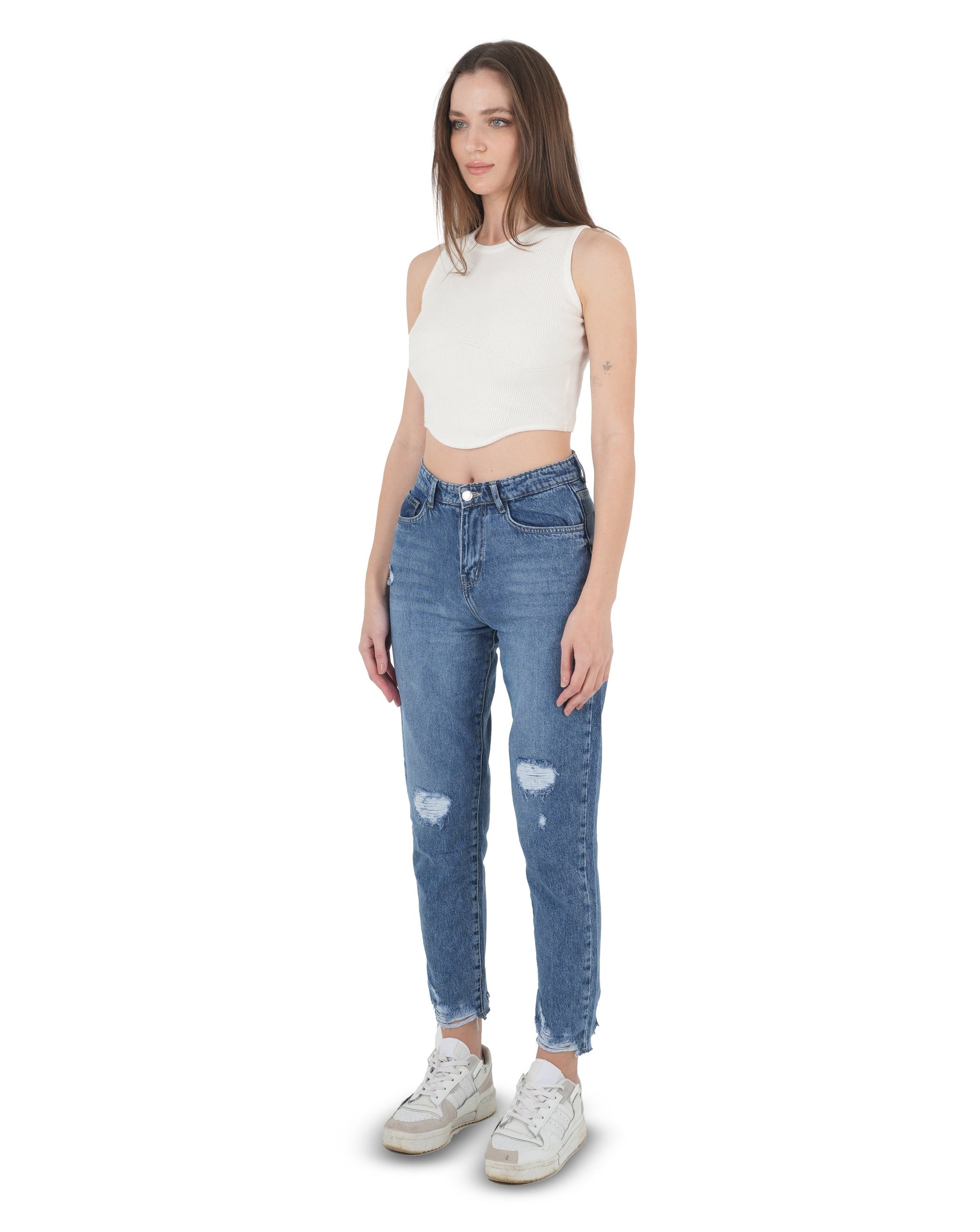 High-Waist Medium Wash Ripped Mom Fit Jeans - Lioroucci