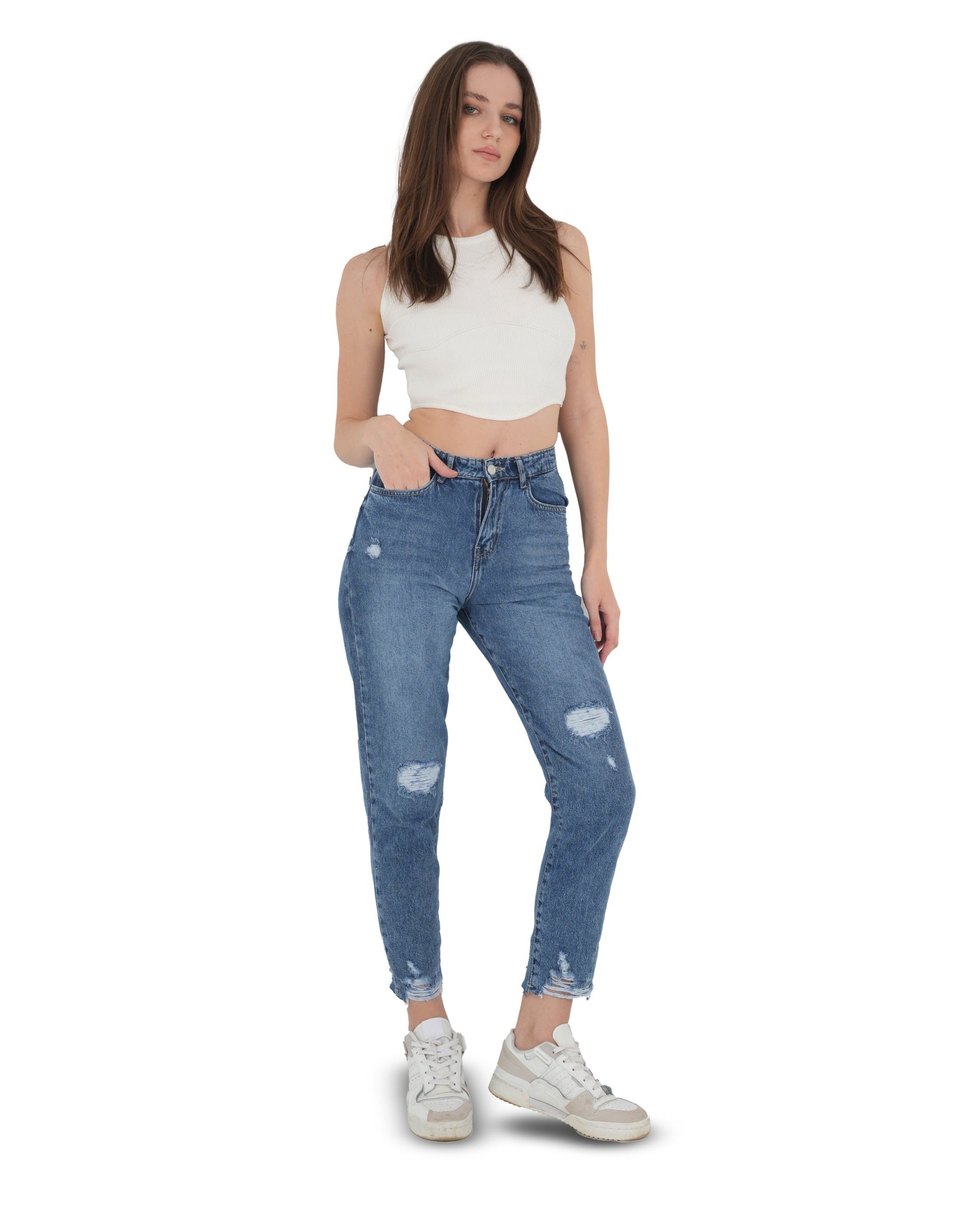 High-Waist Medium Wash Ripped Mom Fit Jeans - Lioroucci