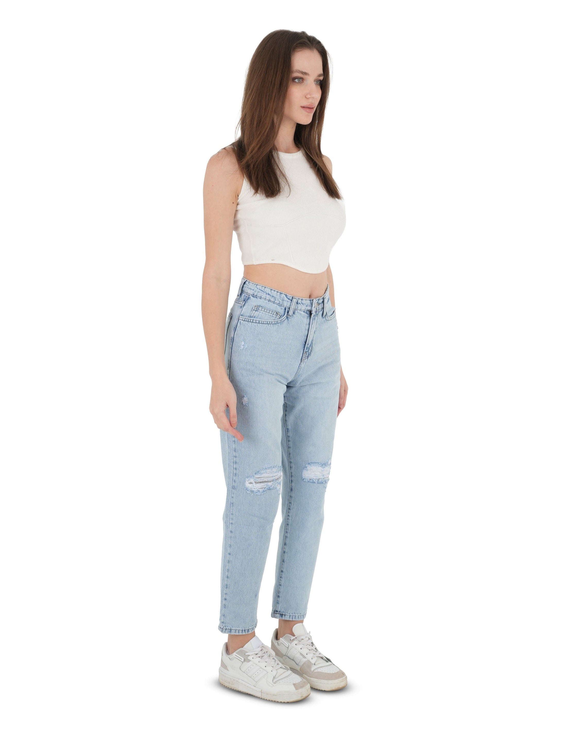 High-Waist Light Wash Ripped Mom Fit Jeans - Lioroucci