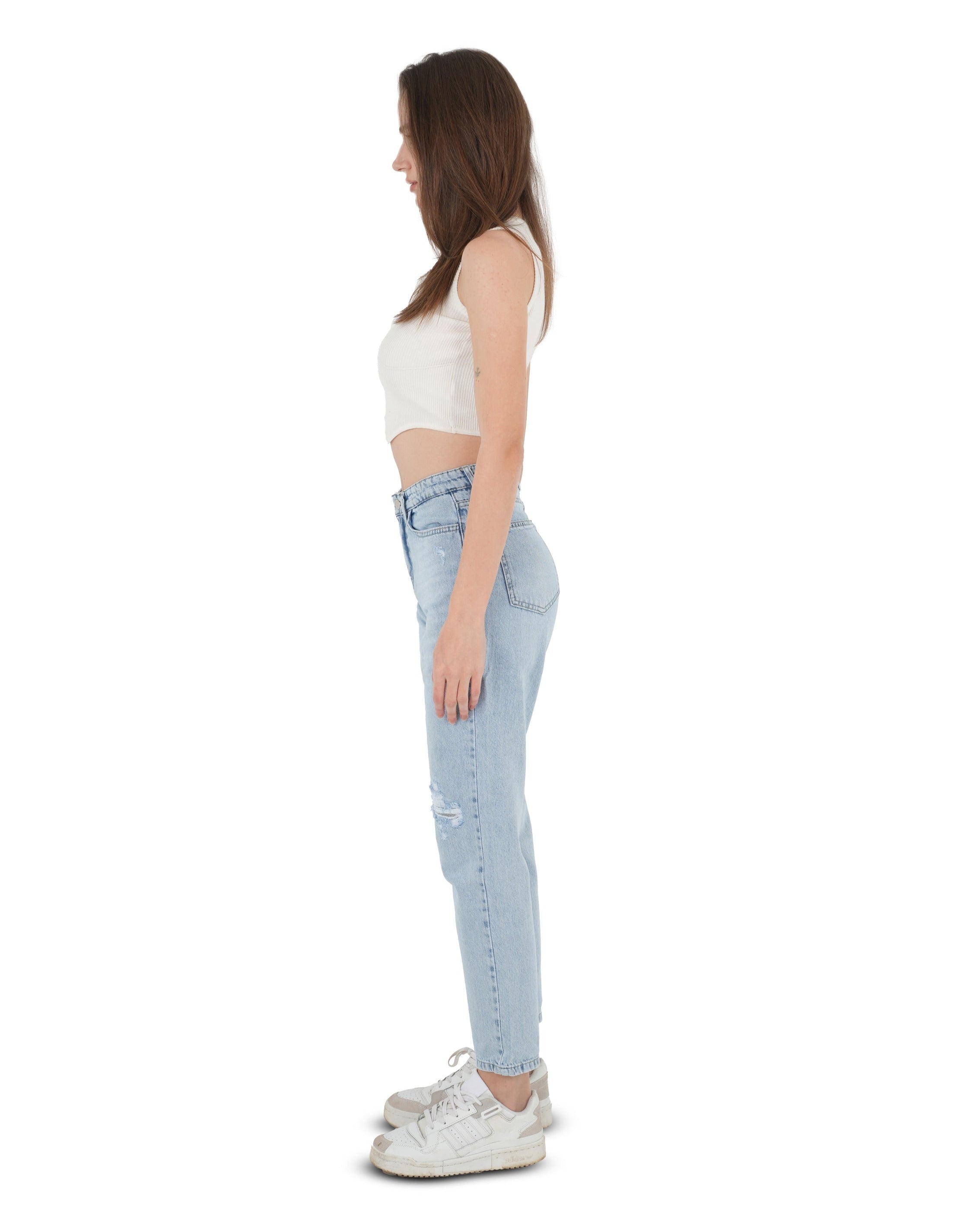 High-Waist Light Wash Ripped Mom Fit Jeans - Lioroucci