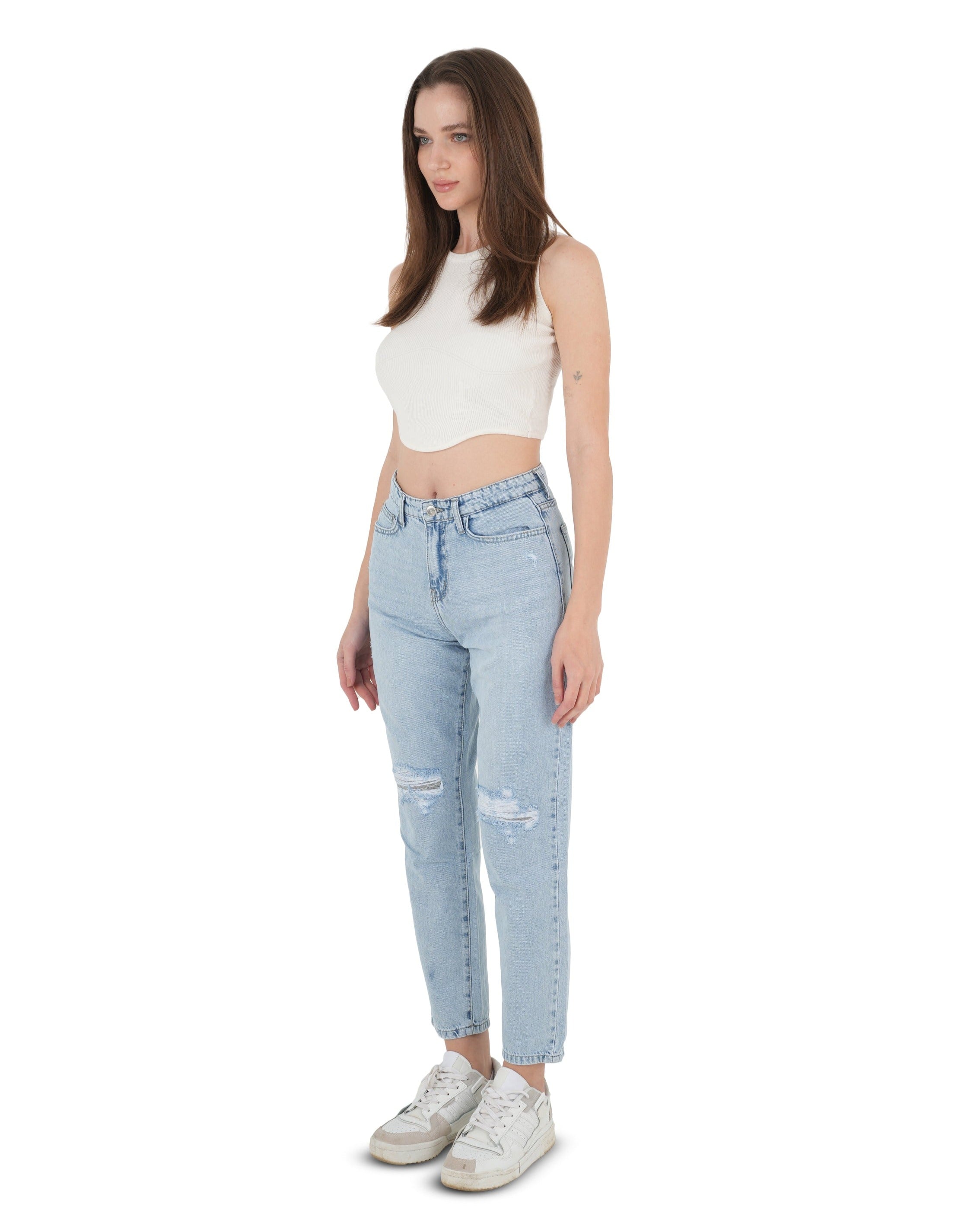 High-Waist Light Wash Ripped Mom Fit Jeans - Lioroucci