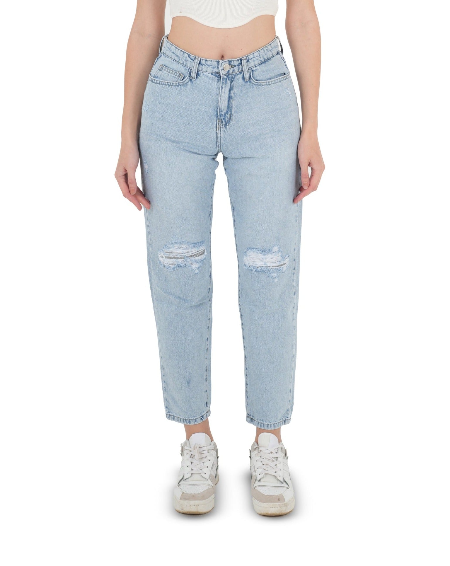 High-Waist Light Wash Ripped Mom Fit Jeans - Lioroucci