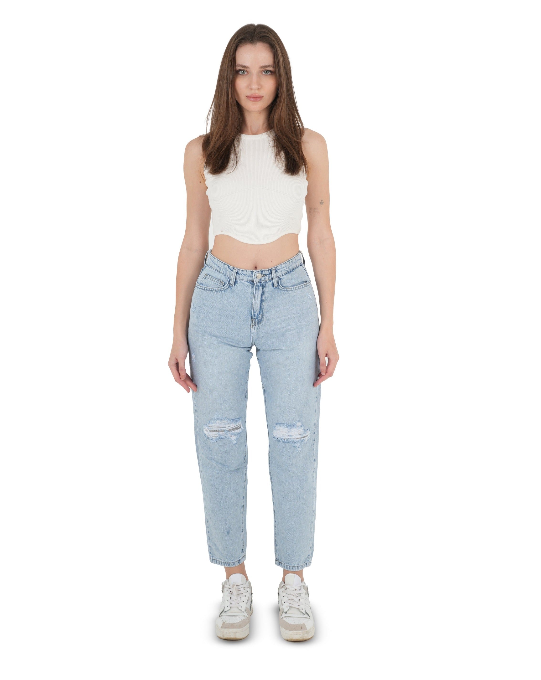 High-Waist Light Wash Ripped Mom Fit Jeans - Lioroucci