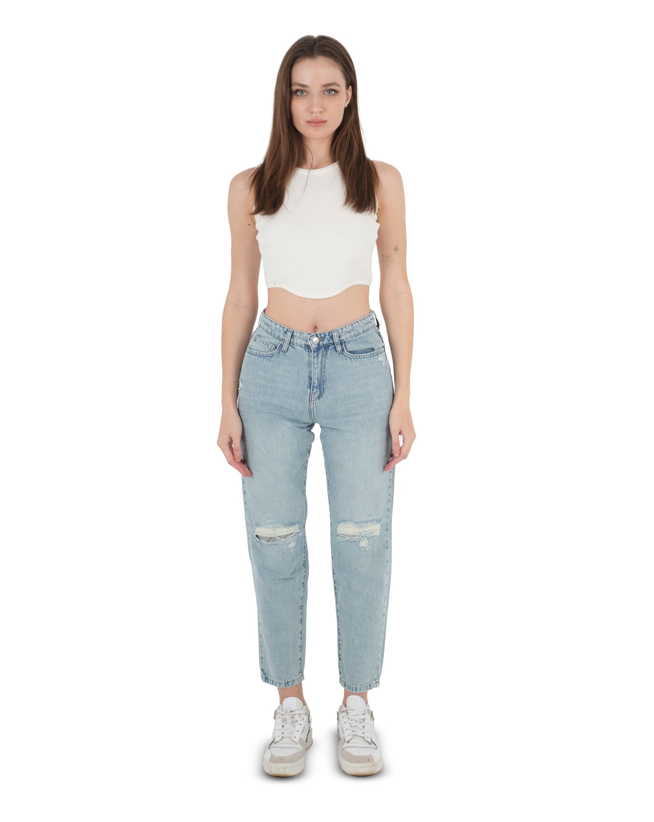 High-Waist Acid Wash Ripped Mom Fit Jeans - Lioroucci