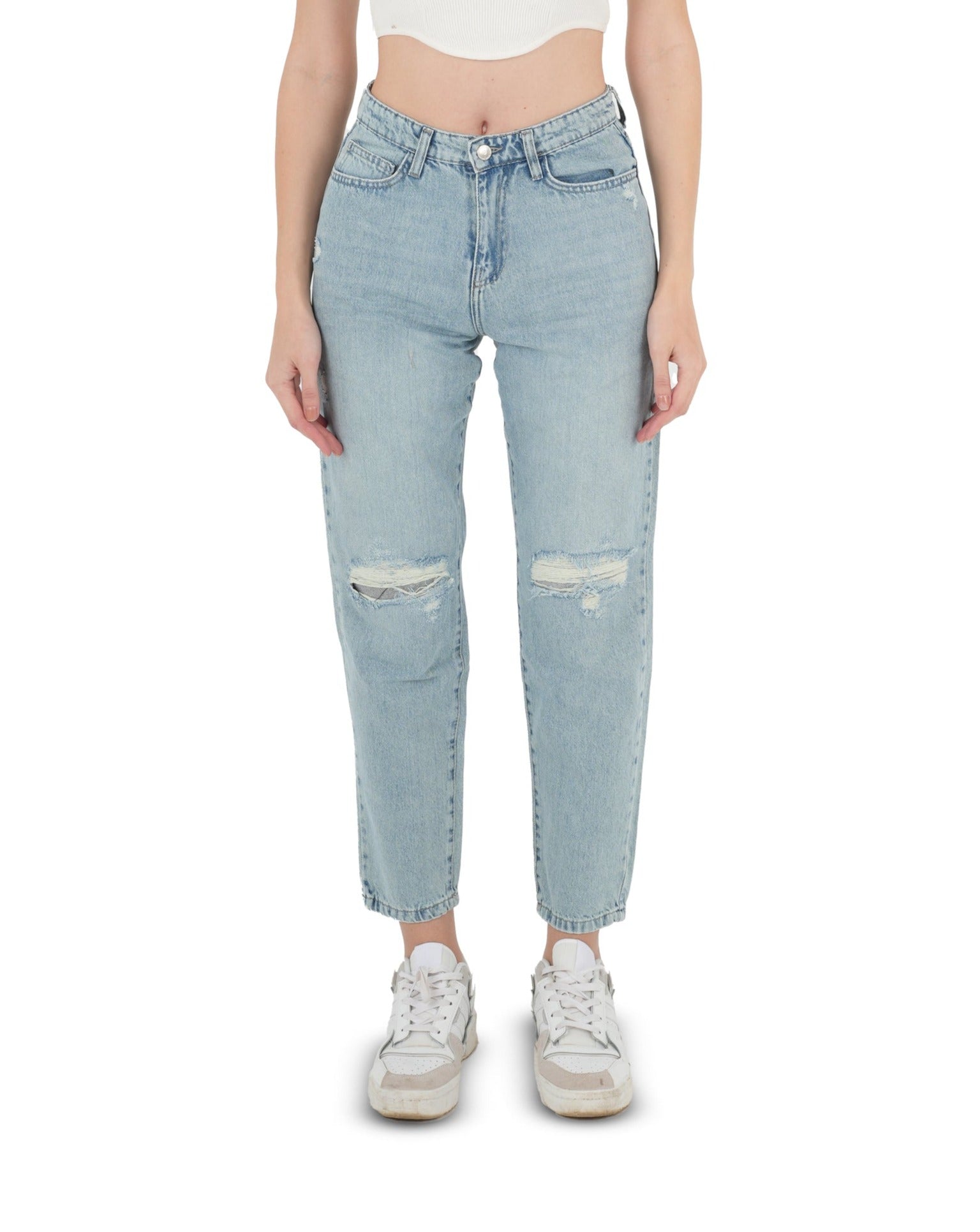 High-Waist Acid Wash Ripped Mom Fit Jeans - Lioroucci