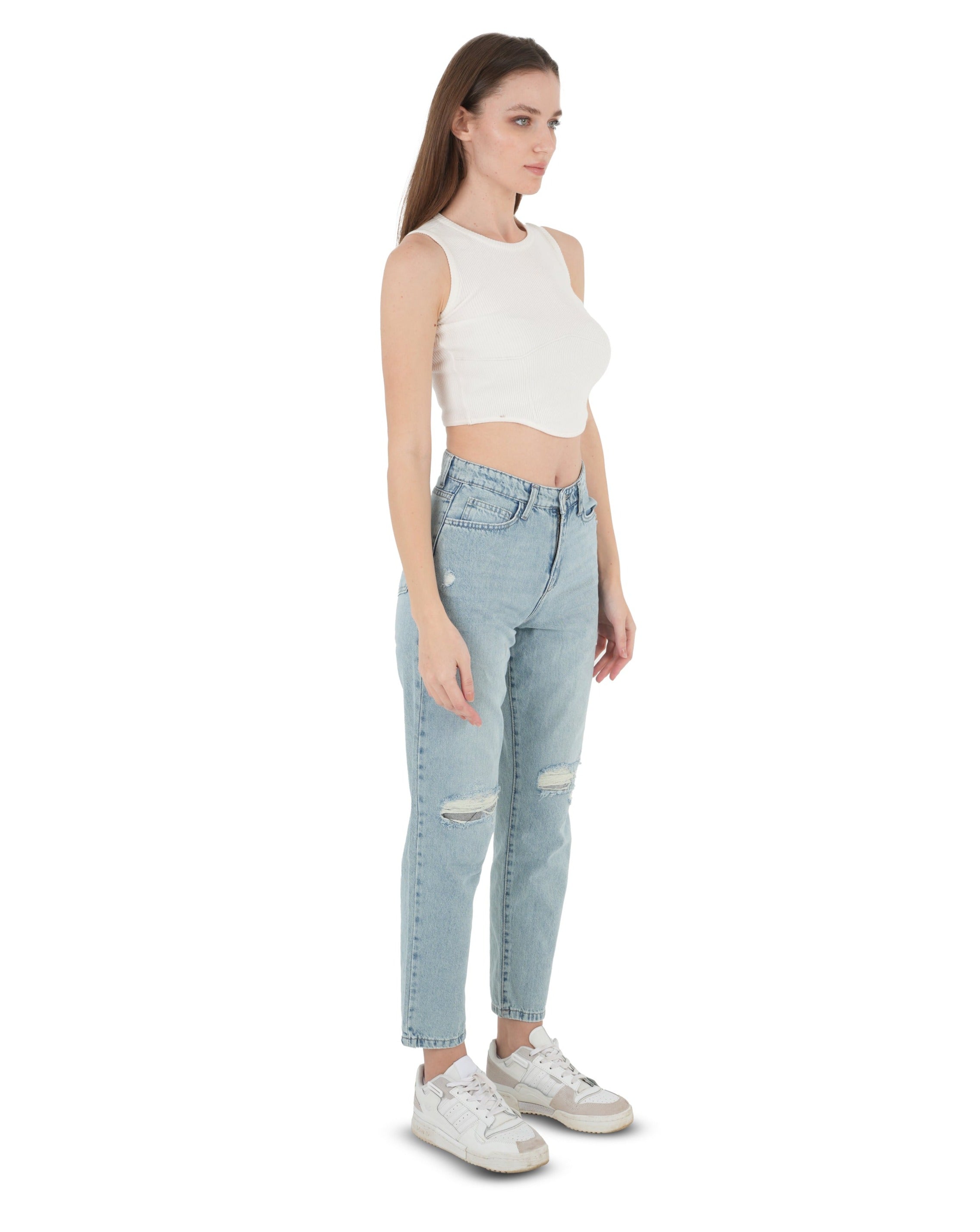 High-Waist Acid Wash Ripped Mom Fit Jeans - Lioroucci