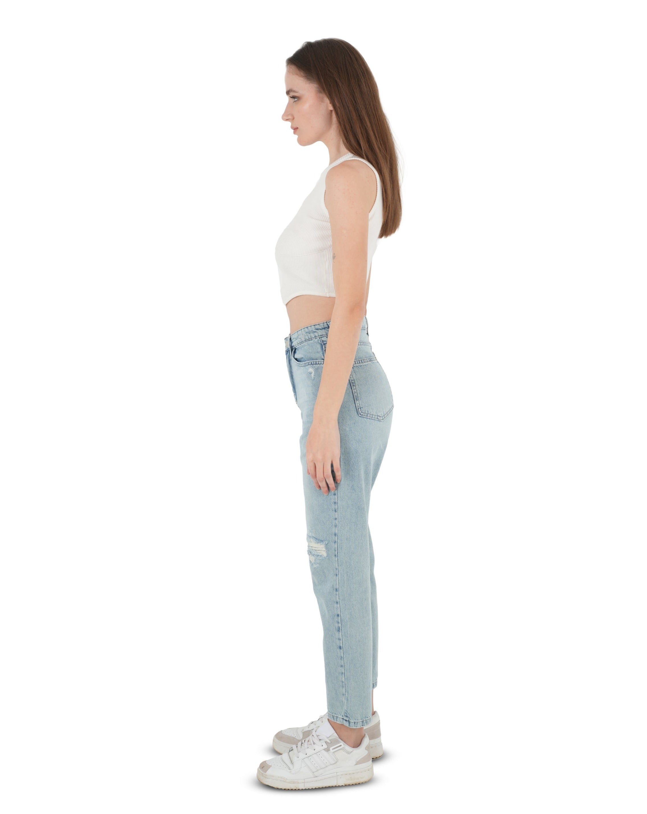 High-Waist Acid Wash Ripped Mom Fit Jeans - Lioroucci